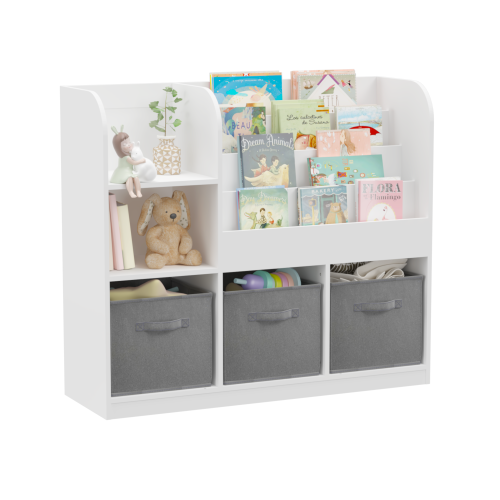 Kids Bookcase and Bookshelf, Multifunctional Bookcase with 3 Collapsible Fabric Drawers, Bookcase Display Stand, Toy Storage Organizer for Bedroom, Playroom, Hallway (White/Gray)、、casual