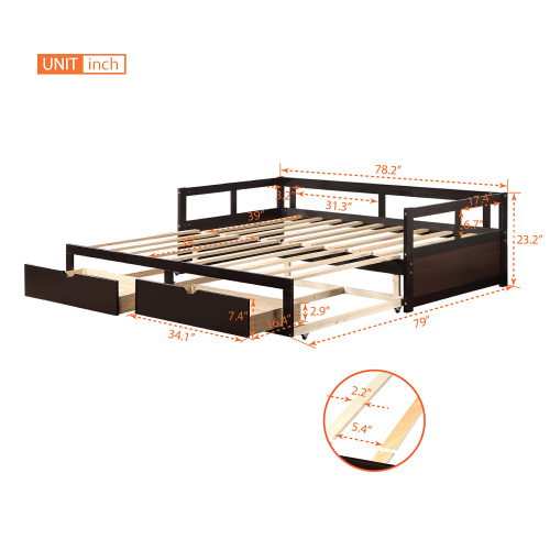 Wooden Daybed with Trundle Bed and Two Storage Drawers , Extendable Bed Daybed,Sofa Bed for Bedroom Living Room,White、、casual
