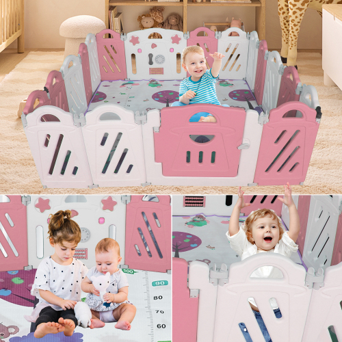 16+2 Panel Baby Playpen, Foldable Playard for Baby and Kids, Adjustable Shape Play Fence with Safety Lock Gate (Pink+White,16+2 Panel)、、casual