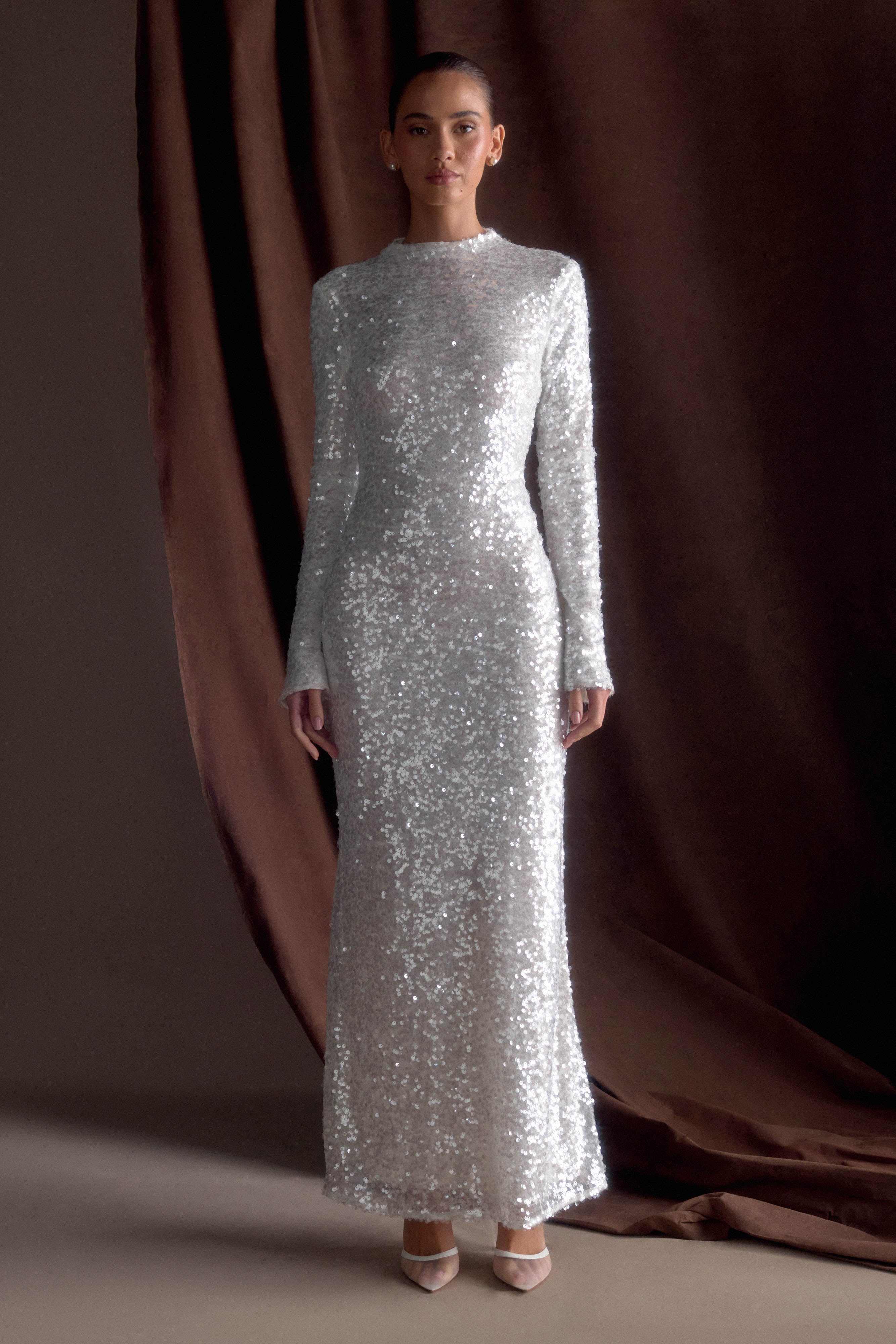 Sofia Long Sleeve Sequin Maxi Dress - White、mySite、solidvoid