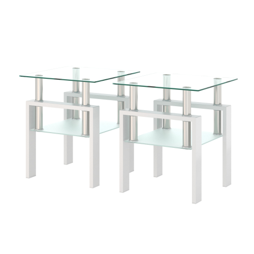 Set of 2, Modern Tempered Glass Tea Table Coffee Table End Table, Square Table for Living Room, Transparent/White、、casual