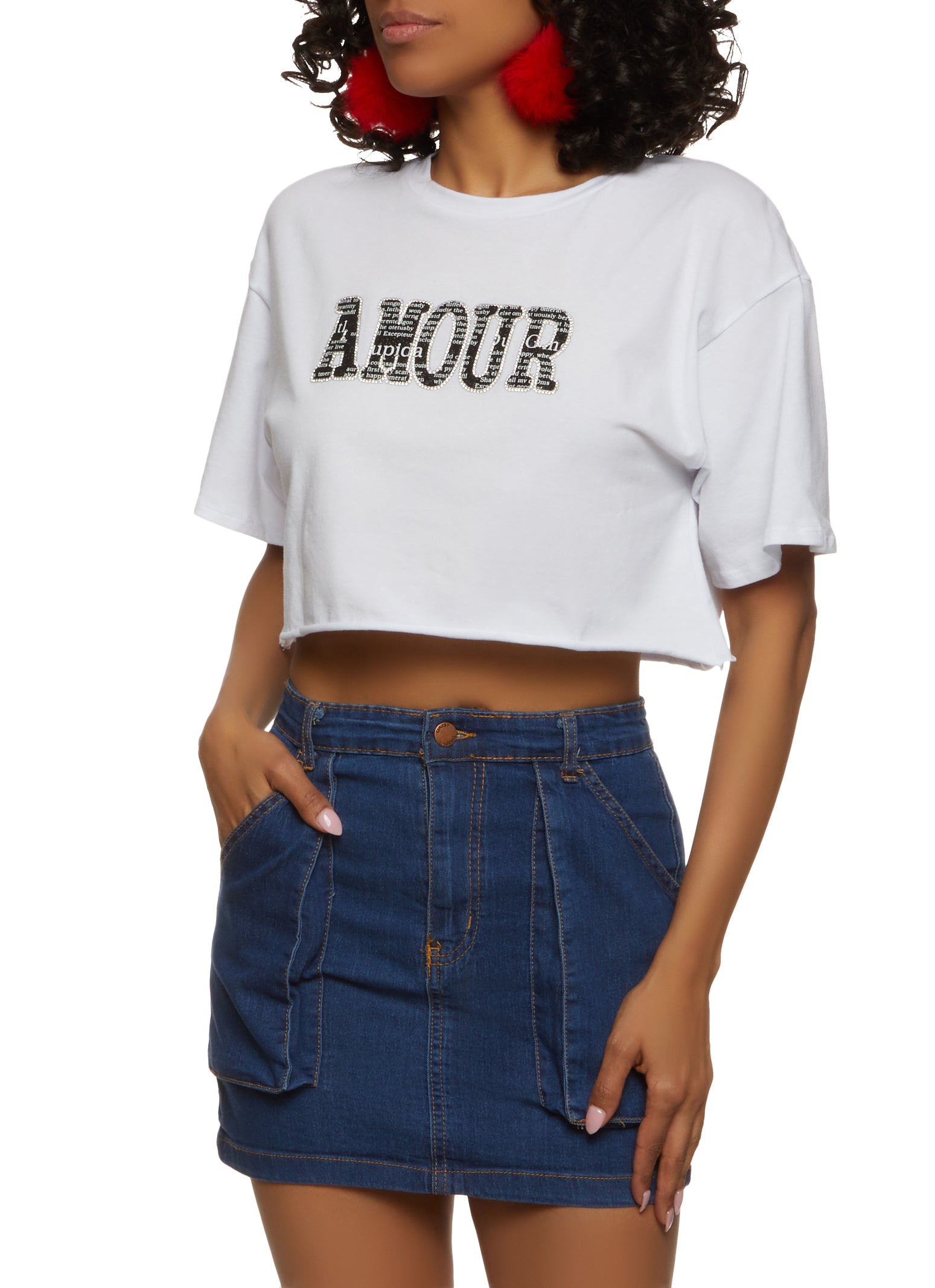 Amour Rhinestone Cropped Graphic Patch Tee、mySite、camillekostekn