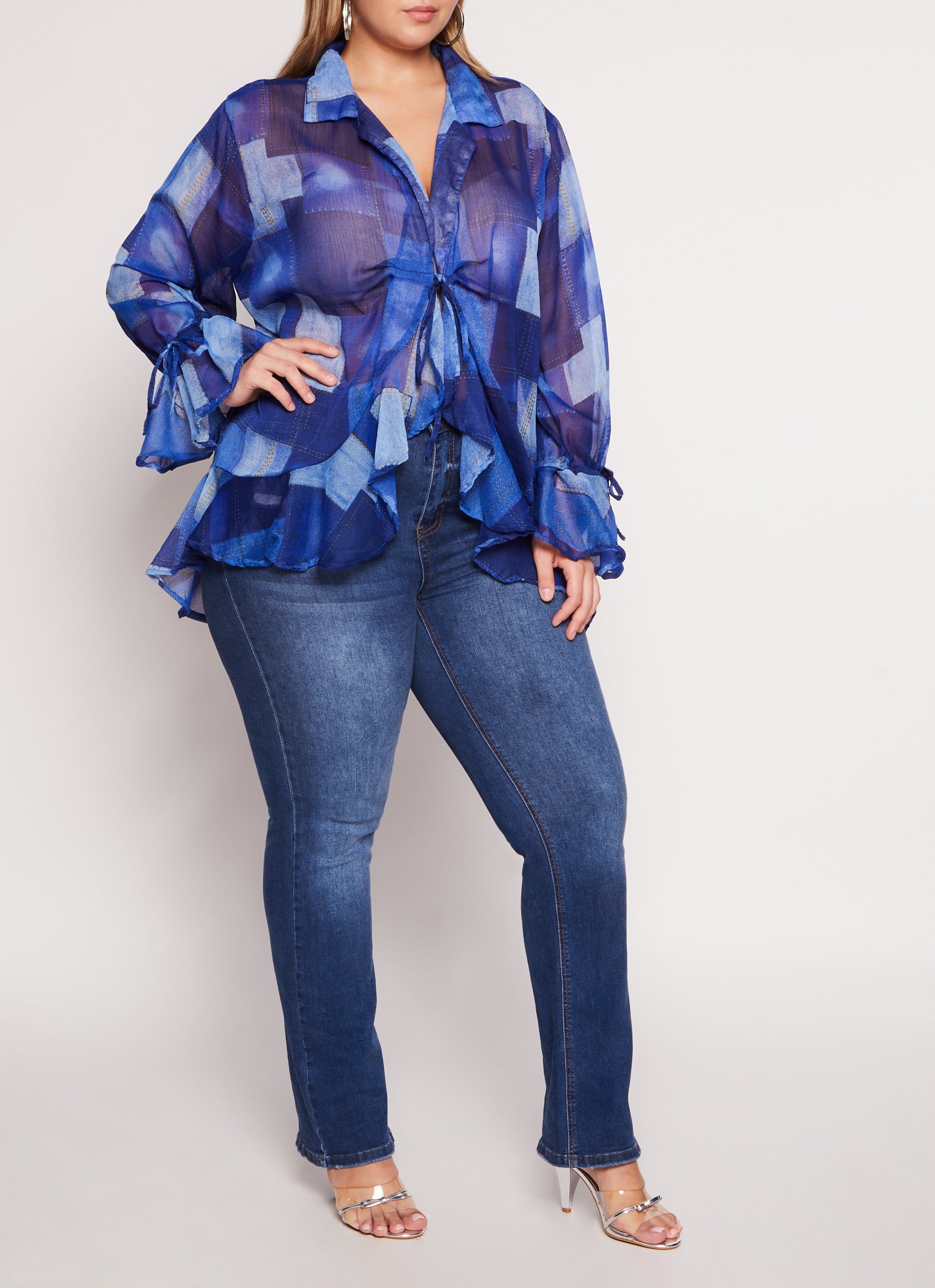 Plus Size Chiffon Patterned Tie Sleeve Tie Front Blouse、mySite、camillekostekn