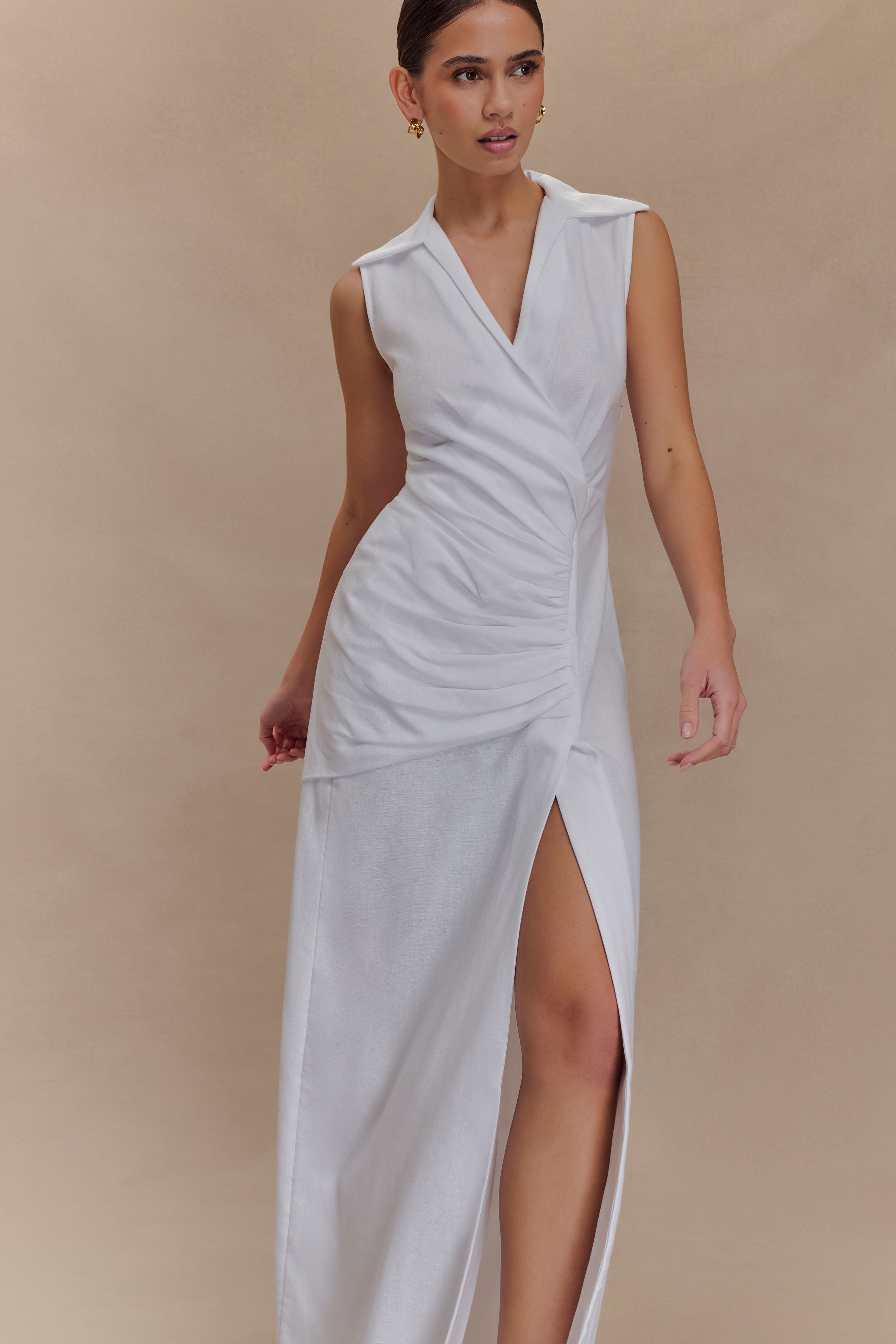 Dante Ruched Linen Midi Dress - White、mySite、solidvoid