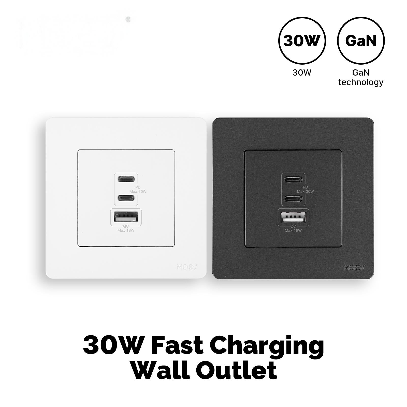 Star Ring 30W Fast Charging PD3.0 Wall Electrical Outlet Charger GaN Socket 3 Ports Type C USB A、mySite、fannypackpong