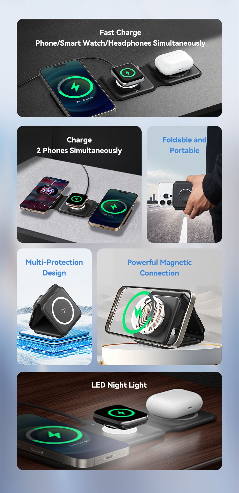 3-in-1 Wireless Charging Pad with MagSafe and LED Night Light