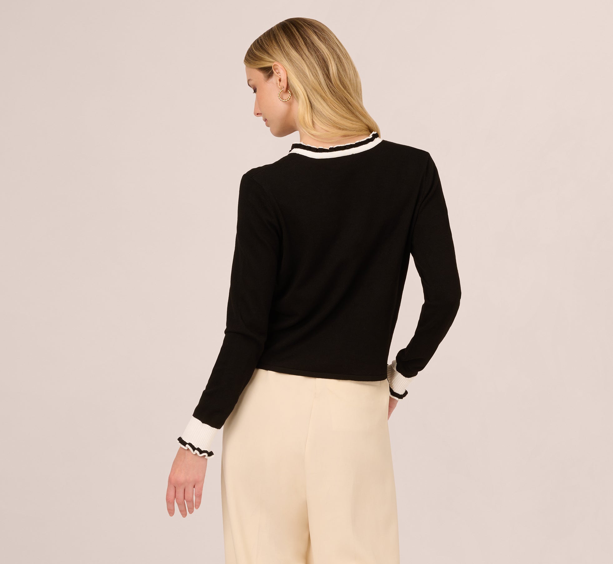 Contrast Ruffle Cardigan In Black Ivory、mySite、solidvoid