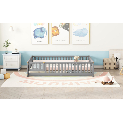 Twin Size Bed Floor Bed with Safety Guardrails and Door for Kids, Natural(Old SKU: W158090686)、、casual