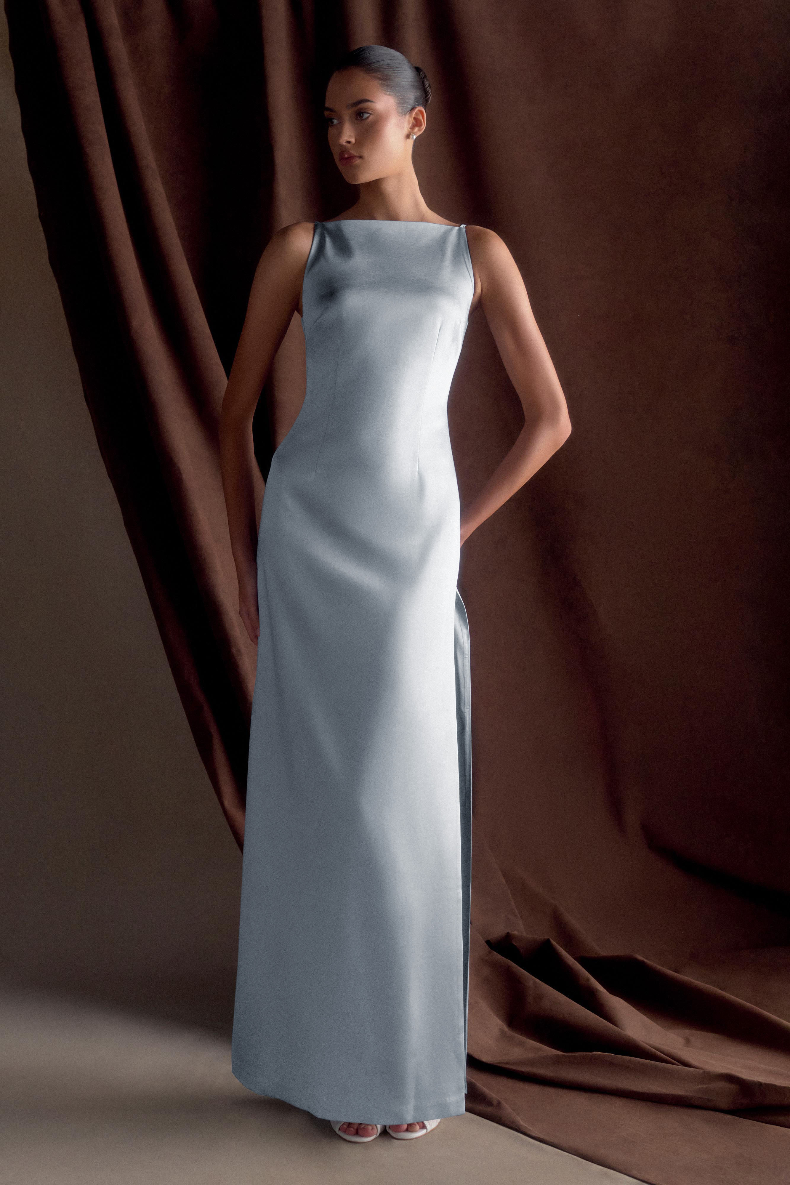 Violet Sleeveless Satin Maxi Dress - Frosted Blue、mySite、solidvoid