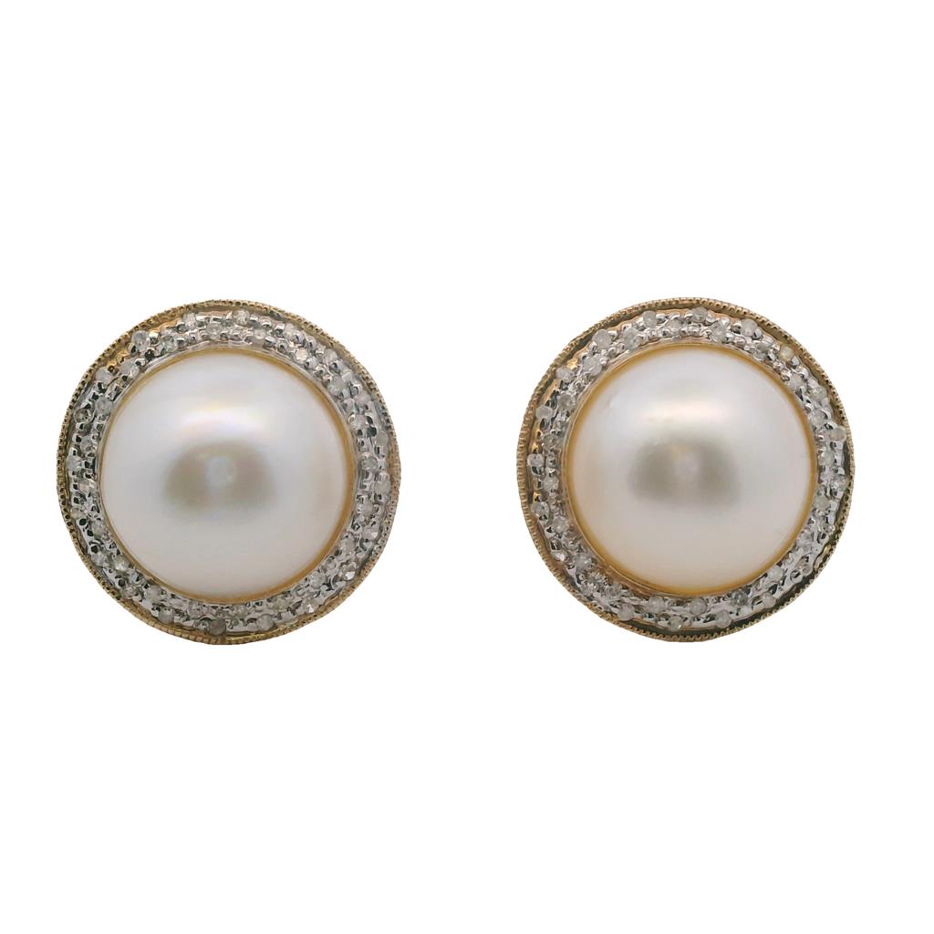  Estate 14K Yellow Gold 13.2mm Mabe Pearl & Diamond Halo Stud Earrings