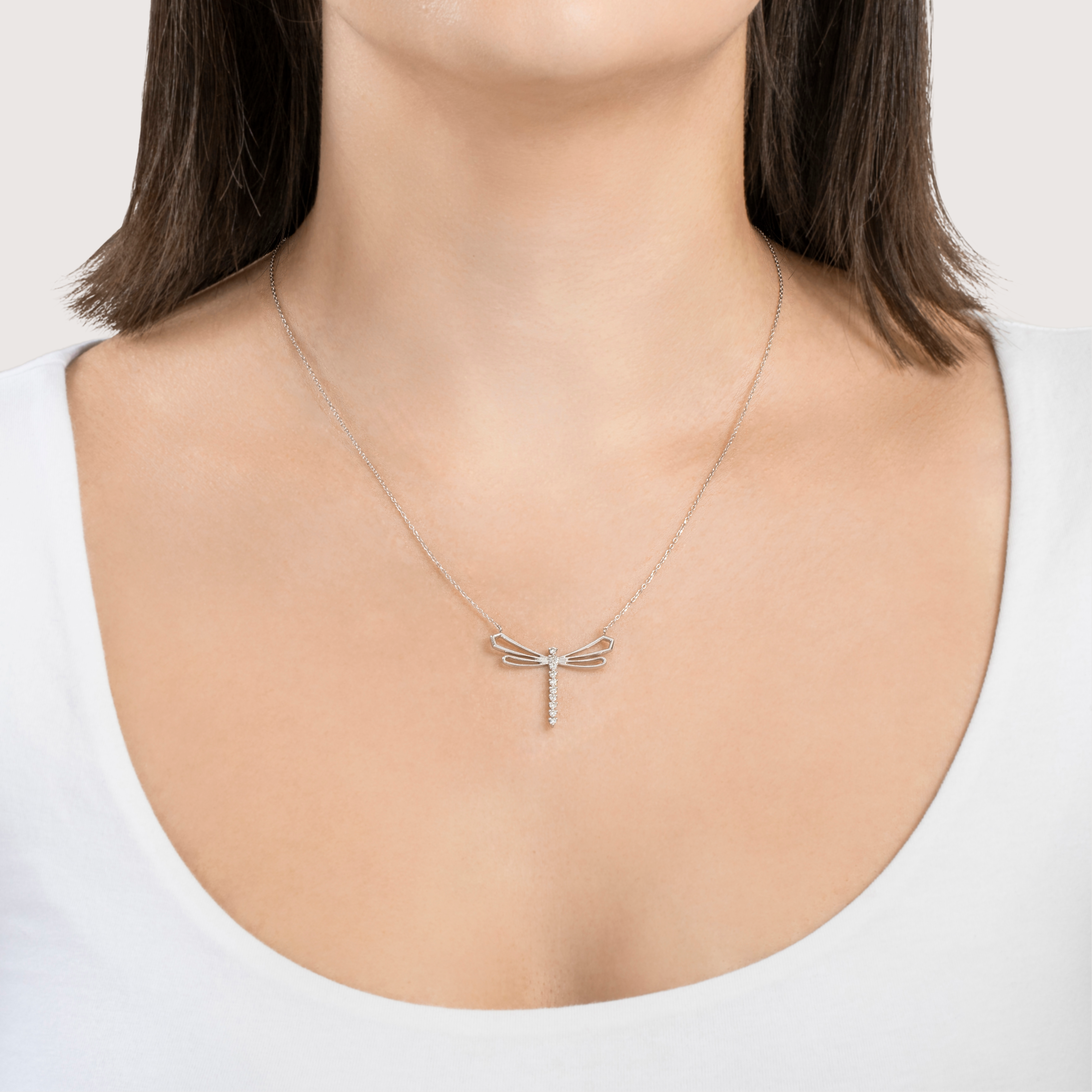 Vintage 14k White Gold .21cttw Diamond Figural Dragonfly Necklace 18、mySite、hinf8tx79