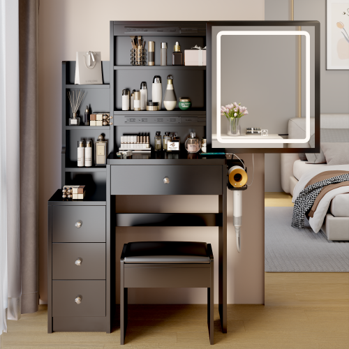 29.2" Small Size Left Bedside Cabinet Vanity Table + Cushioned Stool, Large Sliding, Touch Control, Tri-color Switching, Brightness Adjust LED Mirror, High Capacity Storage, Suitable for Small Space、、xpatfood