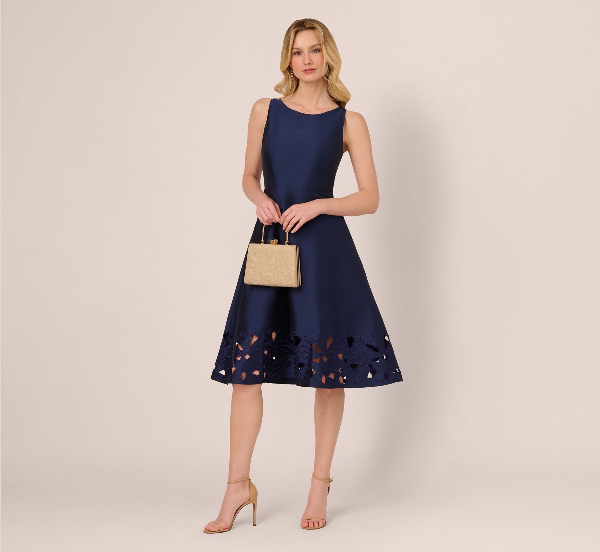 Sleeveless Taffeta Floral Cutwork Midi Dress In Light Navy、mySite、solidvoid
