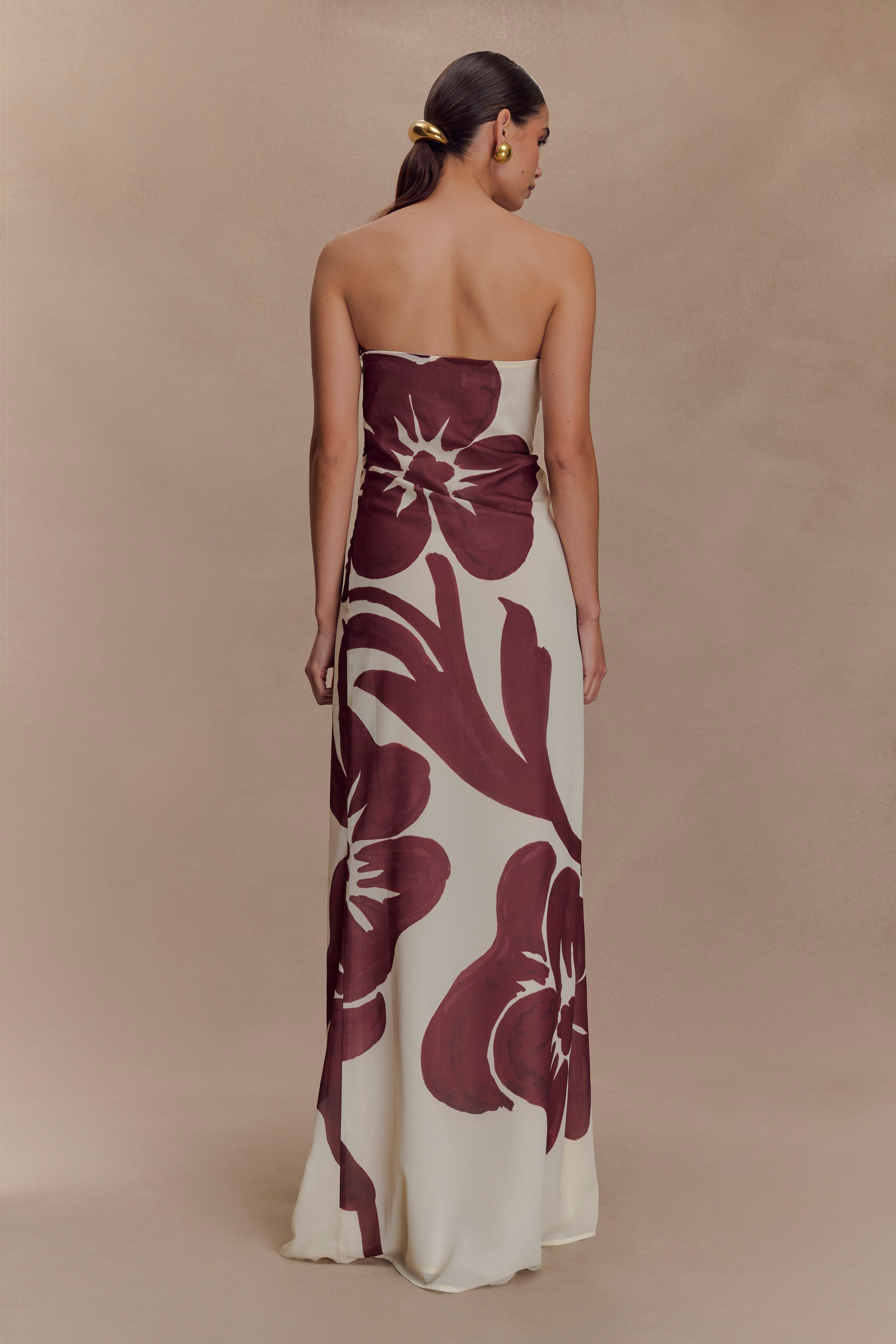 Amaya Strapless Chiffon Maxi Dress - Brown Deco Fleur Print、mySite、solidvoid