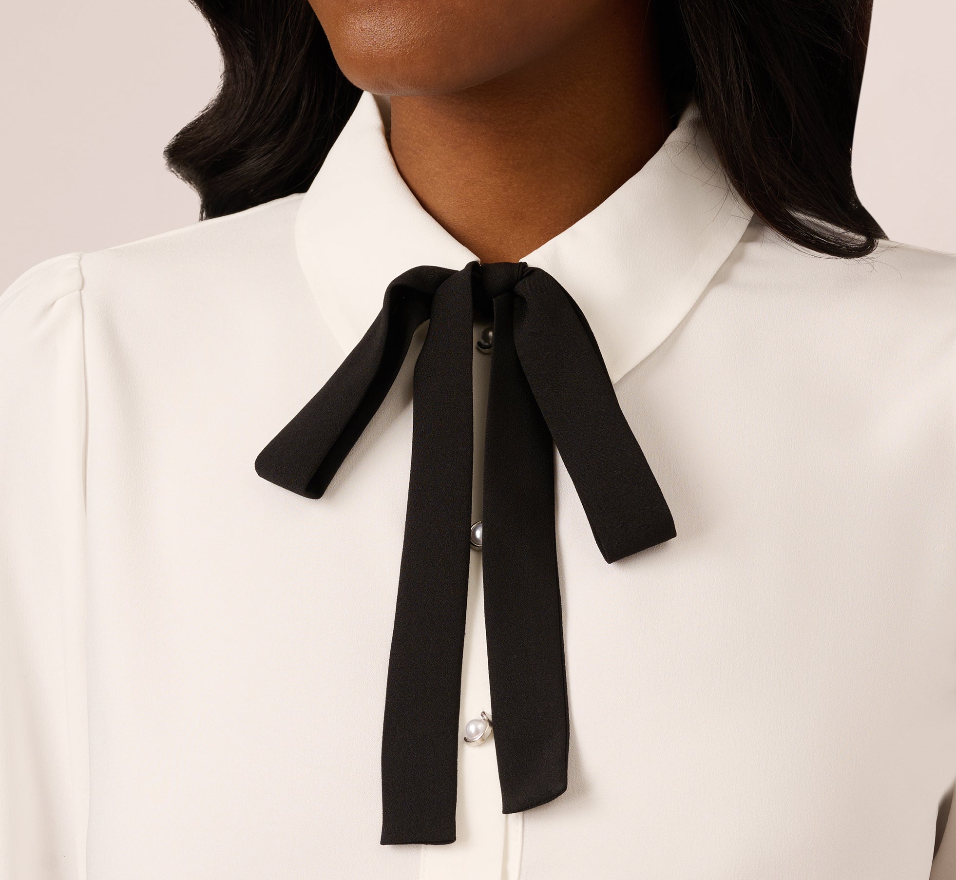 Long Sleeve Collared Tie Neck Blouse In Ivory Black、mySite、solidvoid
