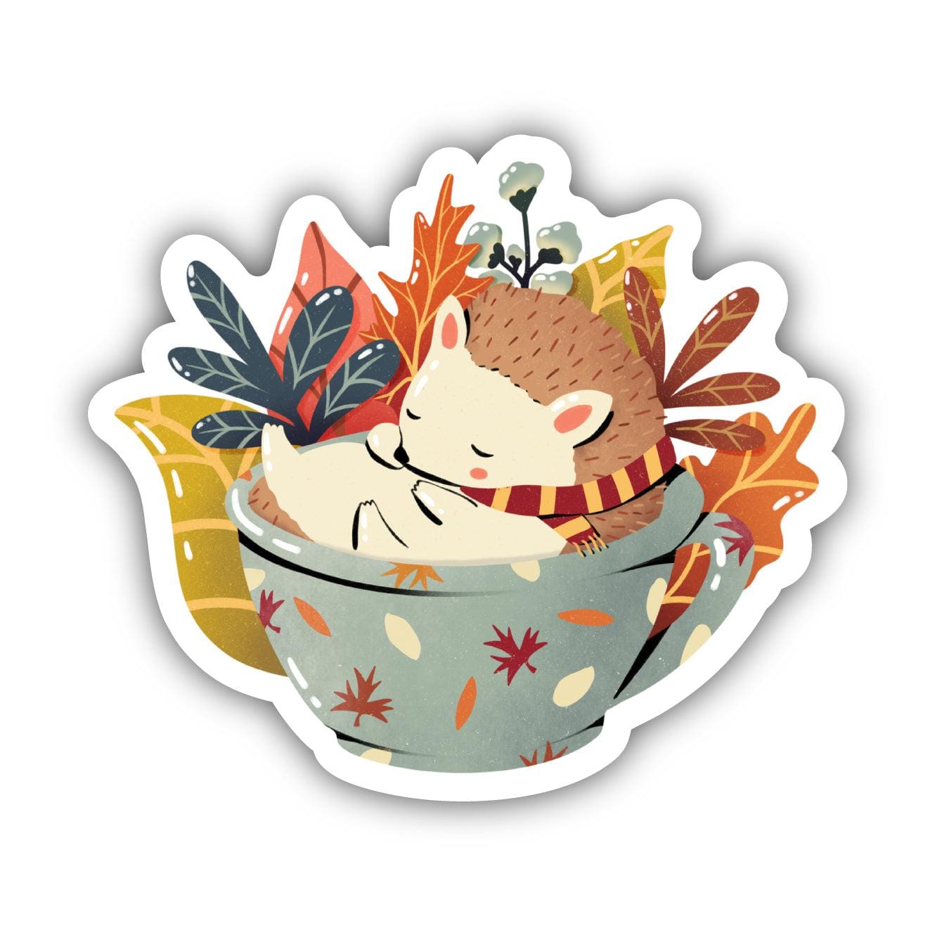  Cozy Hedgehog In Cup With Autumn Leaves Sticker、mySite、ghnorth