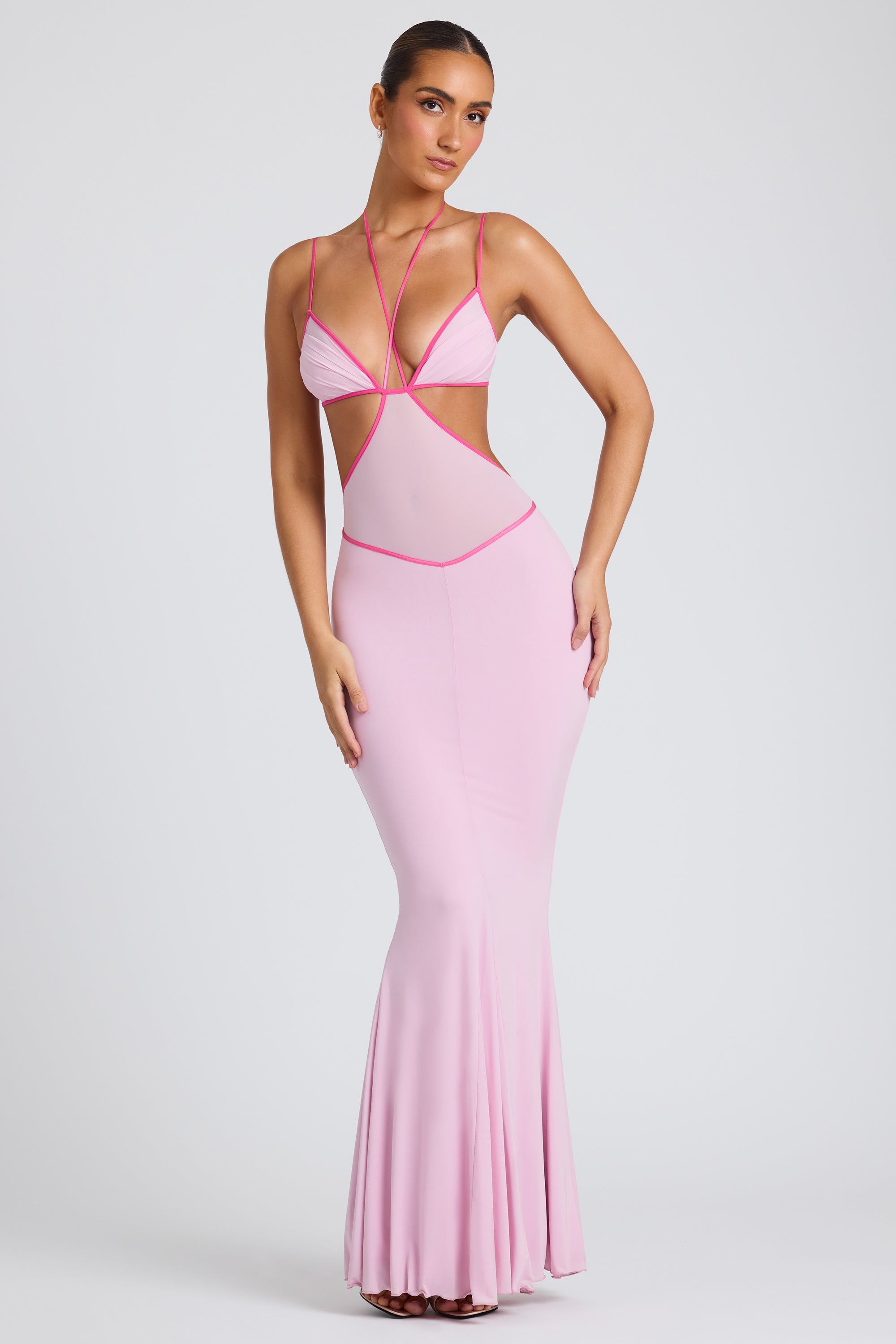 Contrast Binding Cut Out Evening Gown in Soft Pink、mySite、solidvoid