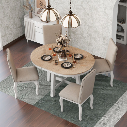 TREXM Farmhouse Round Extendable Dining Table with 16" Leaf Wood Kitchen Table (Natural Wood Wash)、、casual