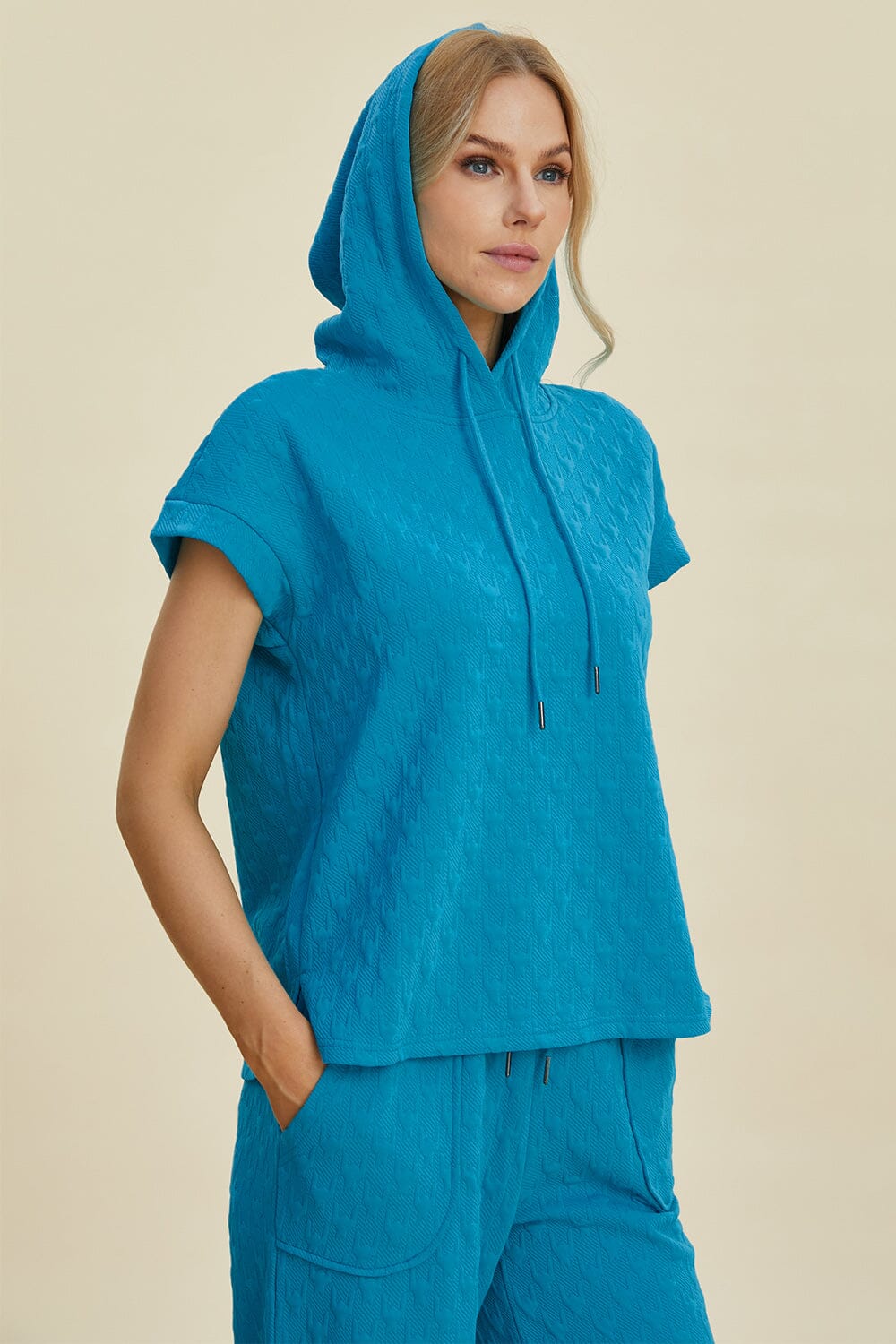 Double Take Full Size Texture Drawstring Short Sleeve Hoodie and Pocketed Pants Set、mySite、camillekostekn