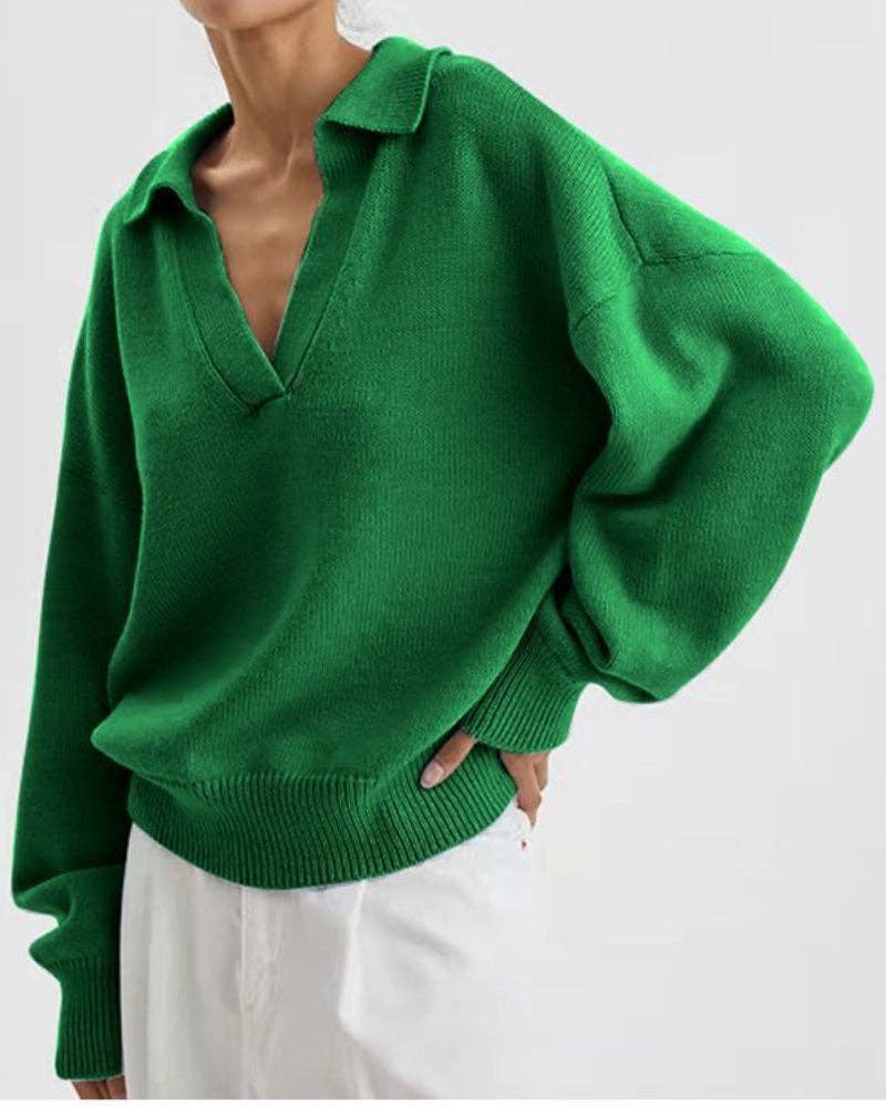 Ladies Solid Color V-Neck Knit Sweater Kelly Green、mySite、dreamappss