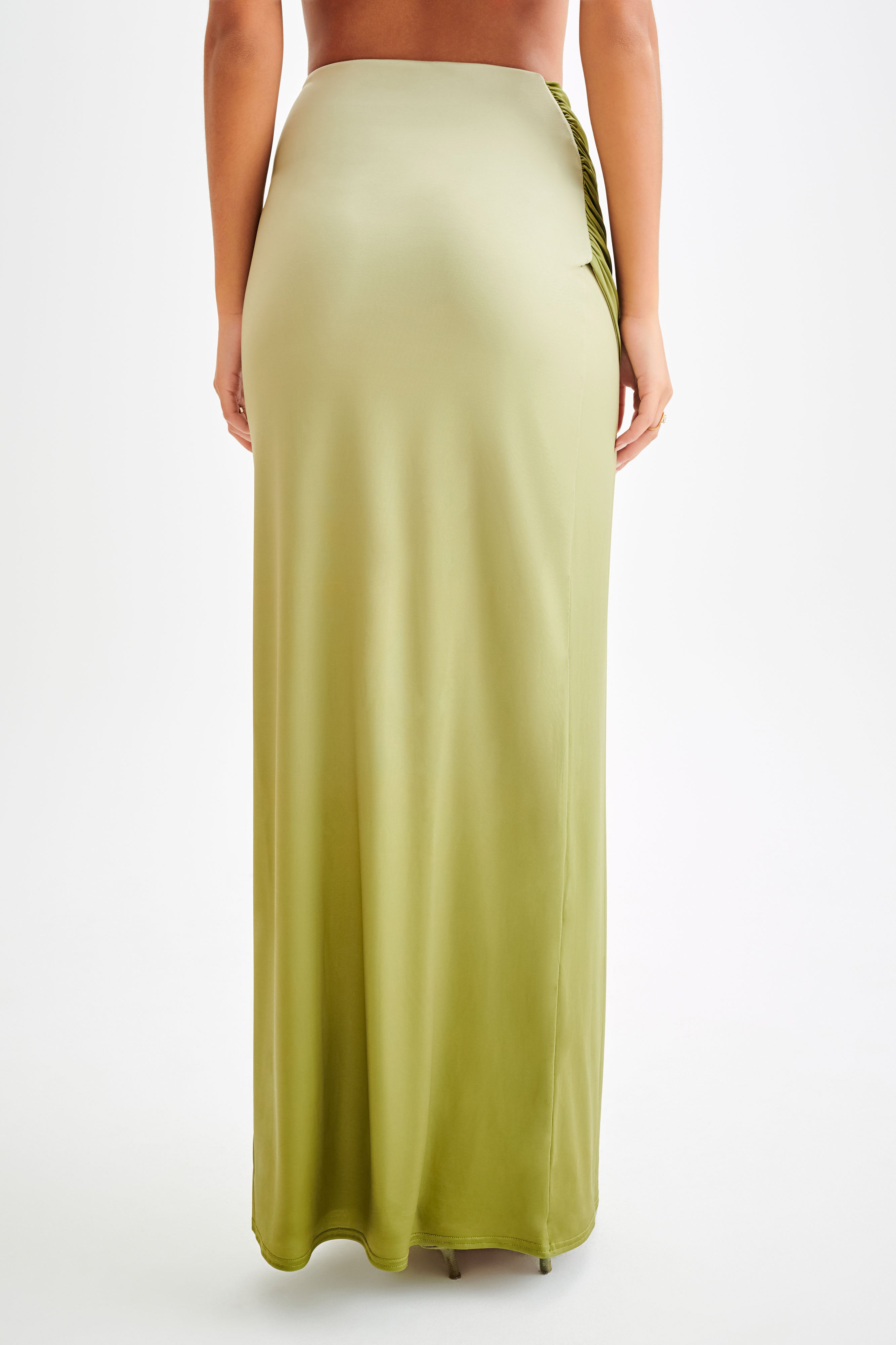 Bronwyn Slinky Ruched Maxi Skirt With Split - Ombre Vintage Olive、mySite、solidvoid