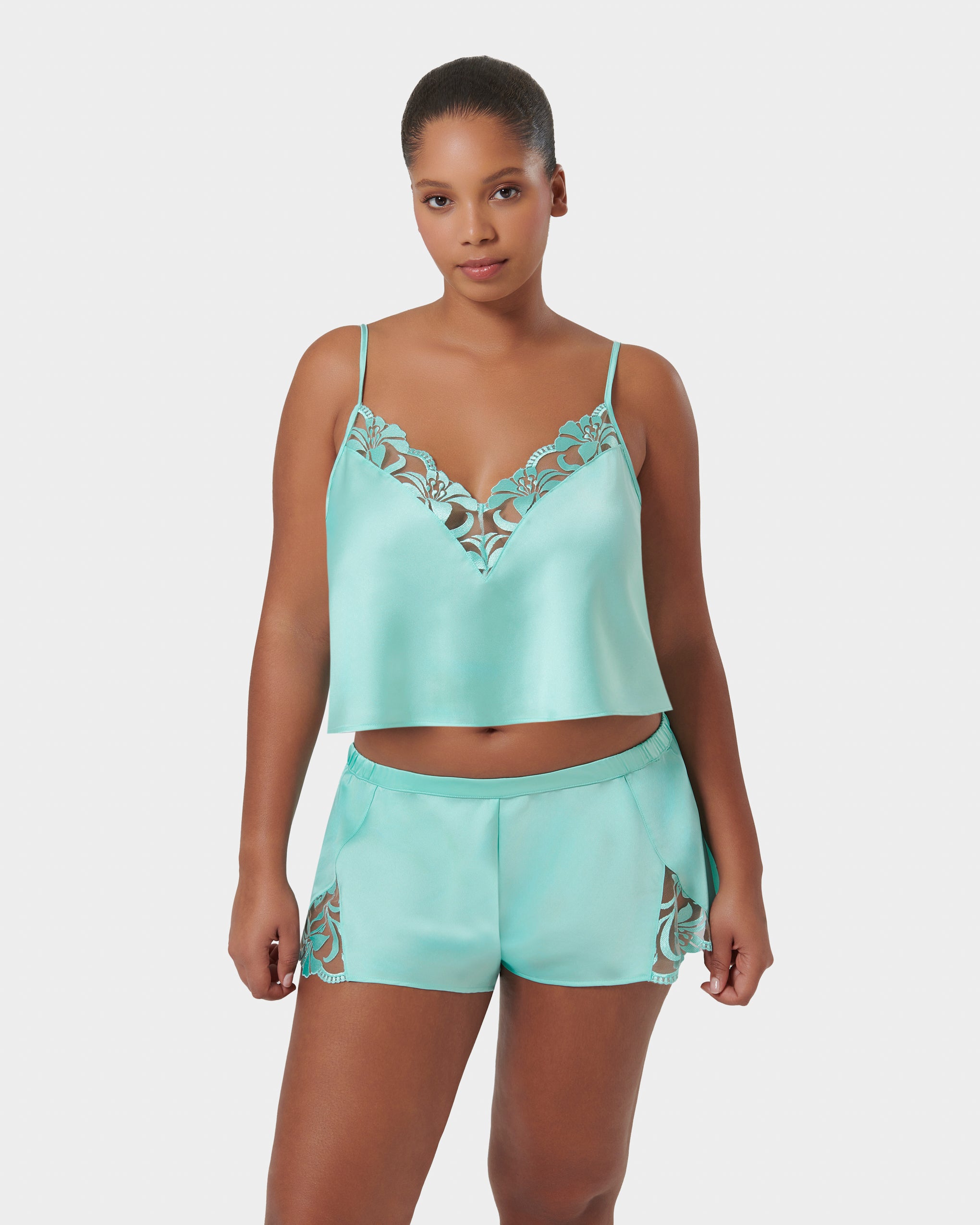 Leonora Luxury Satin Cami and Short Set Island Paradise Blue/Sheer、mySite、bengalsvssteelers