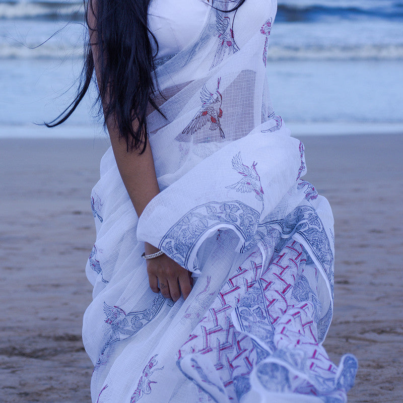 Kota Handblock Printed Saree | White & Blue、mySite、camillekostekn