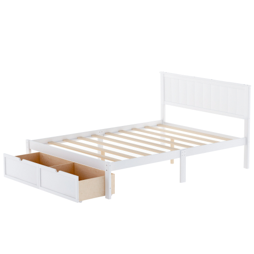 Full Size Platform Bed with Under-bed Drawers, White、、casual