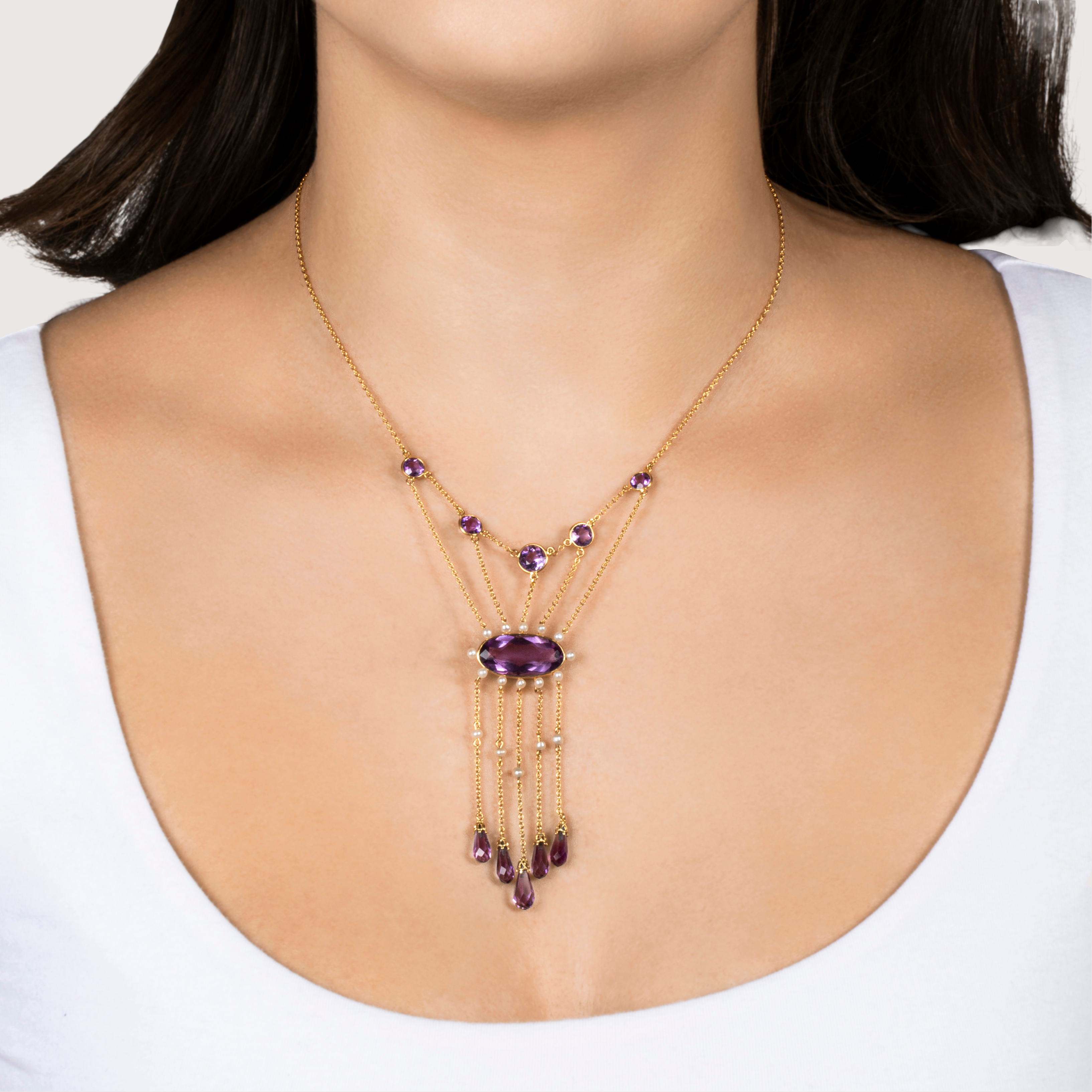 Antique 14k Gold 19.41cttw Amethyst Pearl Royal Purple Cascade Statement Necklace 15.5、mySite、hinf8tx79