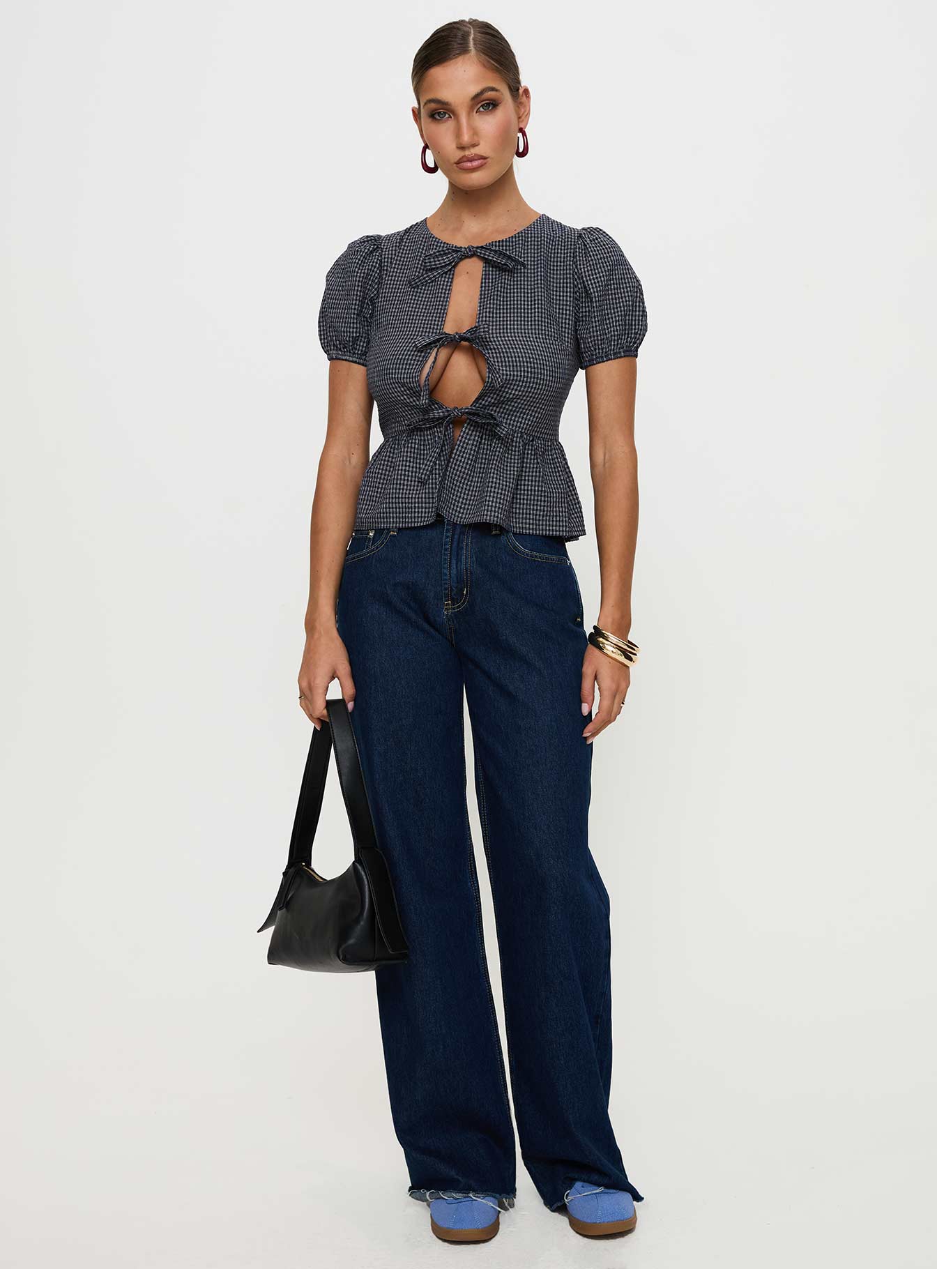 Verah Tie Up Puff Sleeve Top Navy Check、mySite、solidvoid