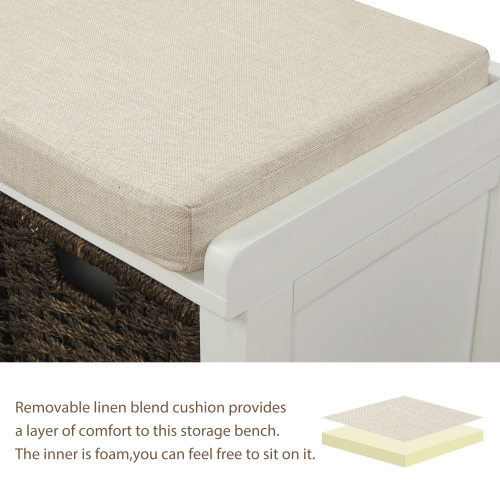 TREXM Rustic Storage Bench with 3 Removable Classic Rattan Basket , Entryway Bench Storage Bench with Removable Cushion (White)、、casual