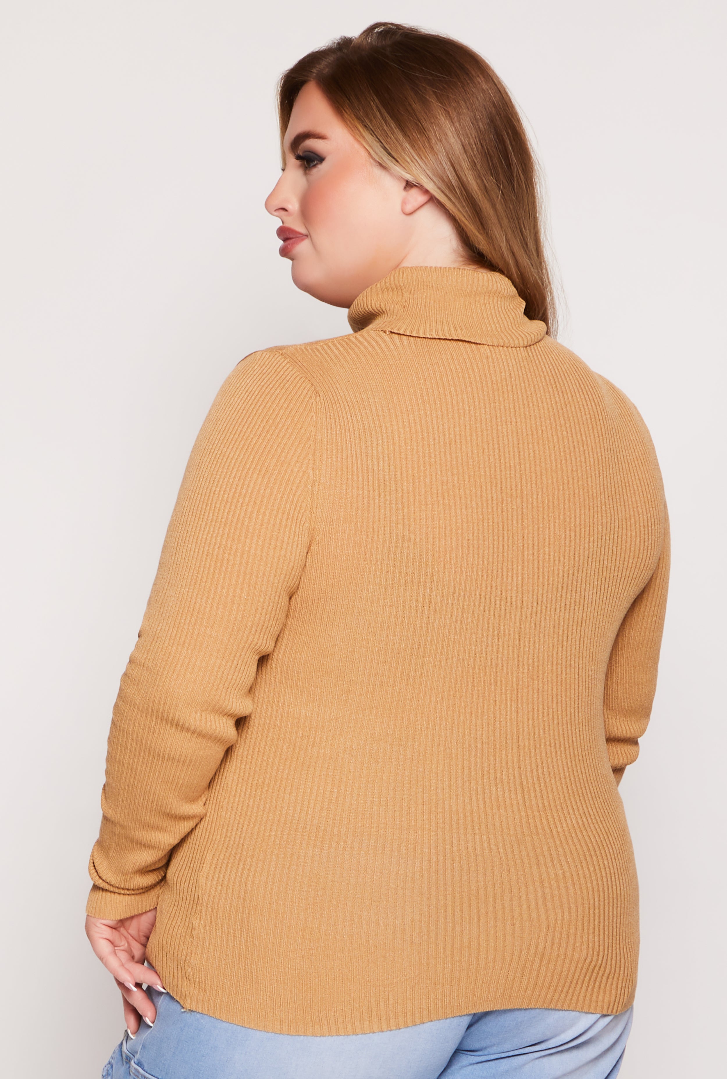 Plus Size Solid Rib Knit Turtleneck Top、mySite、camillekostekn