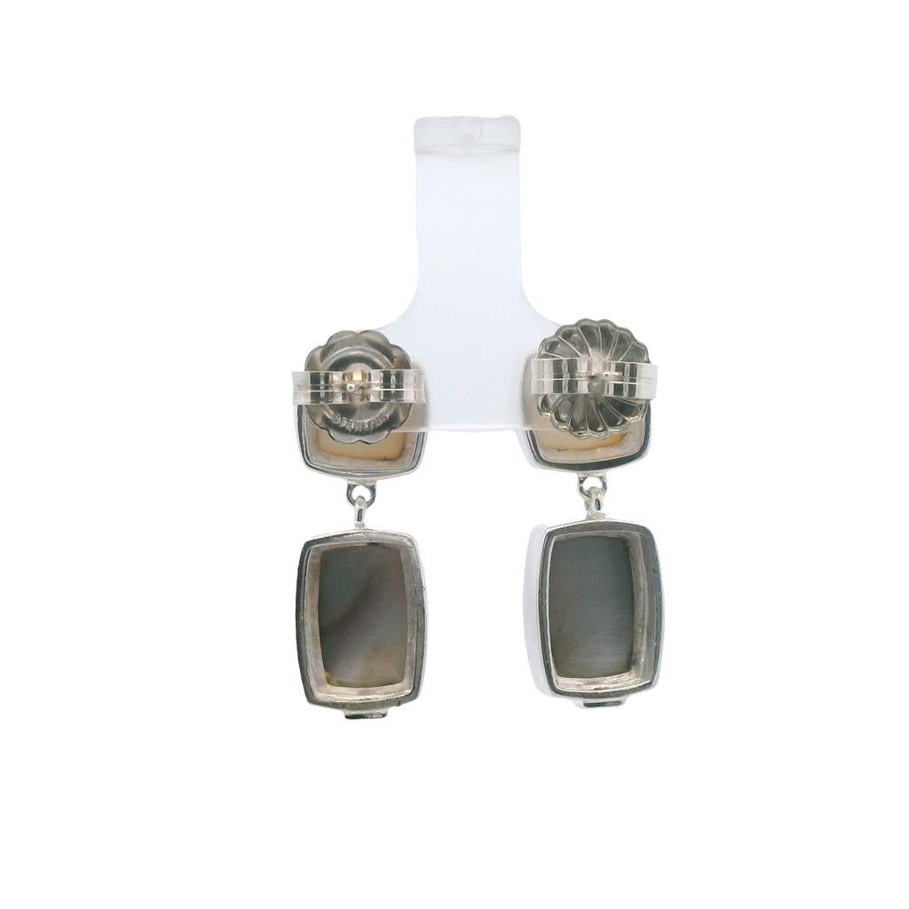  Estate Sterling Silver Black & White Mother of Pearl Drop Earrings