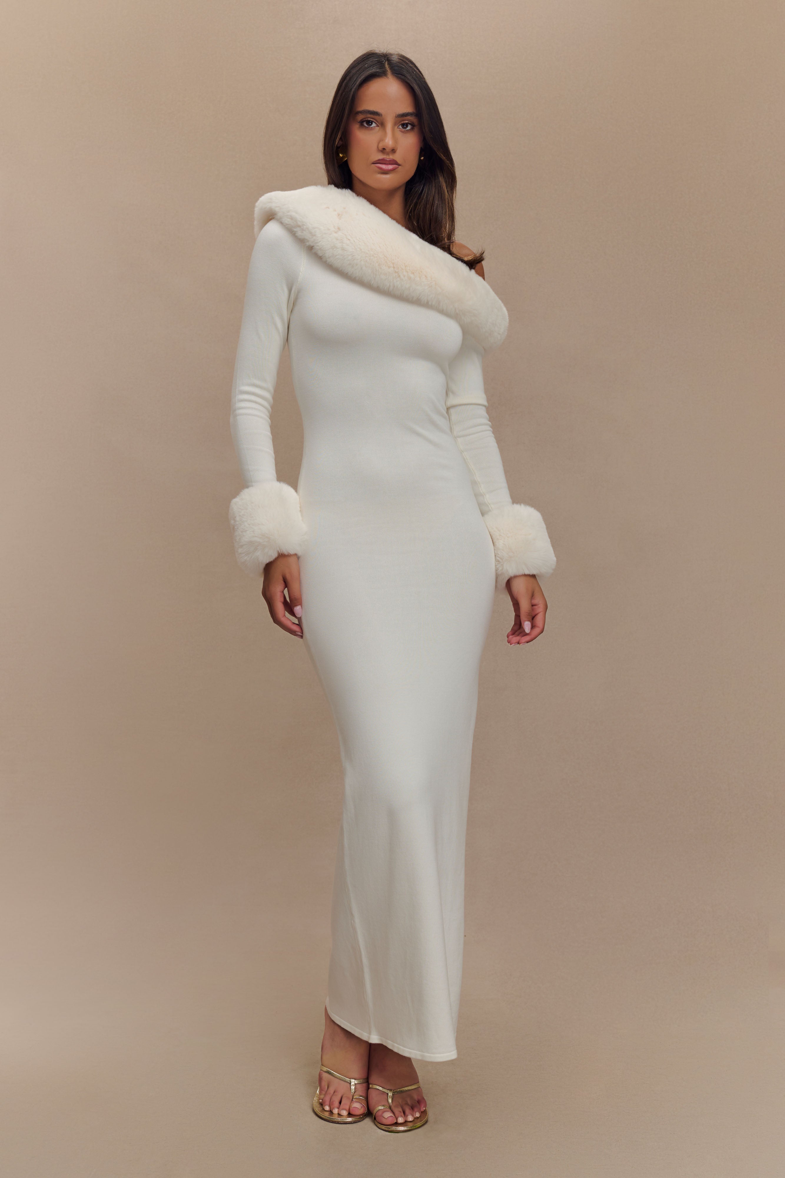Karleigh Faux Fur Knit Maxi Dress - Ivory、mySite、solidvoid