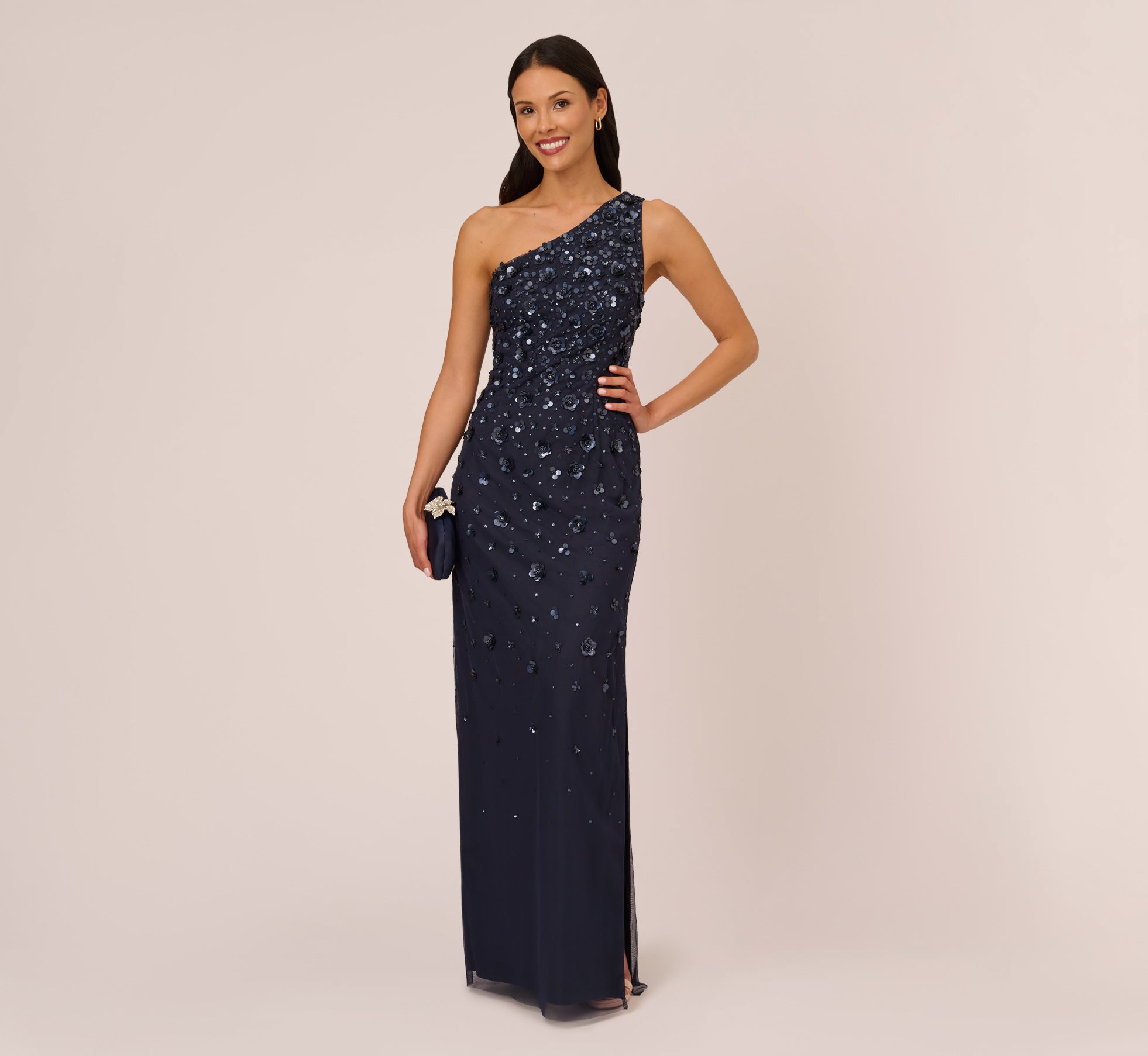 3D Floral Hand-Beaded One-Shoulder Long Column Gown In Dusty Navy、mySite、solidvoid