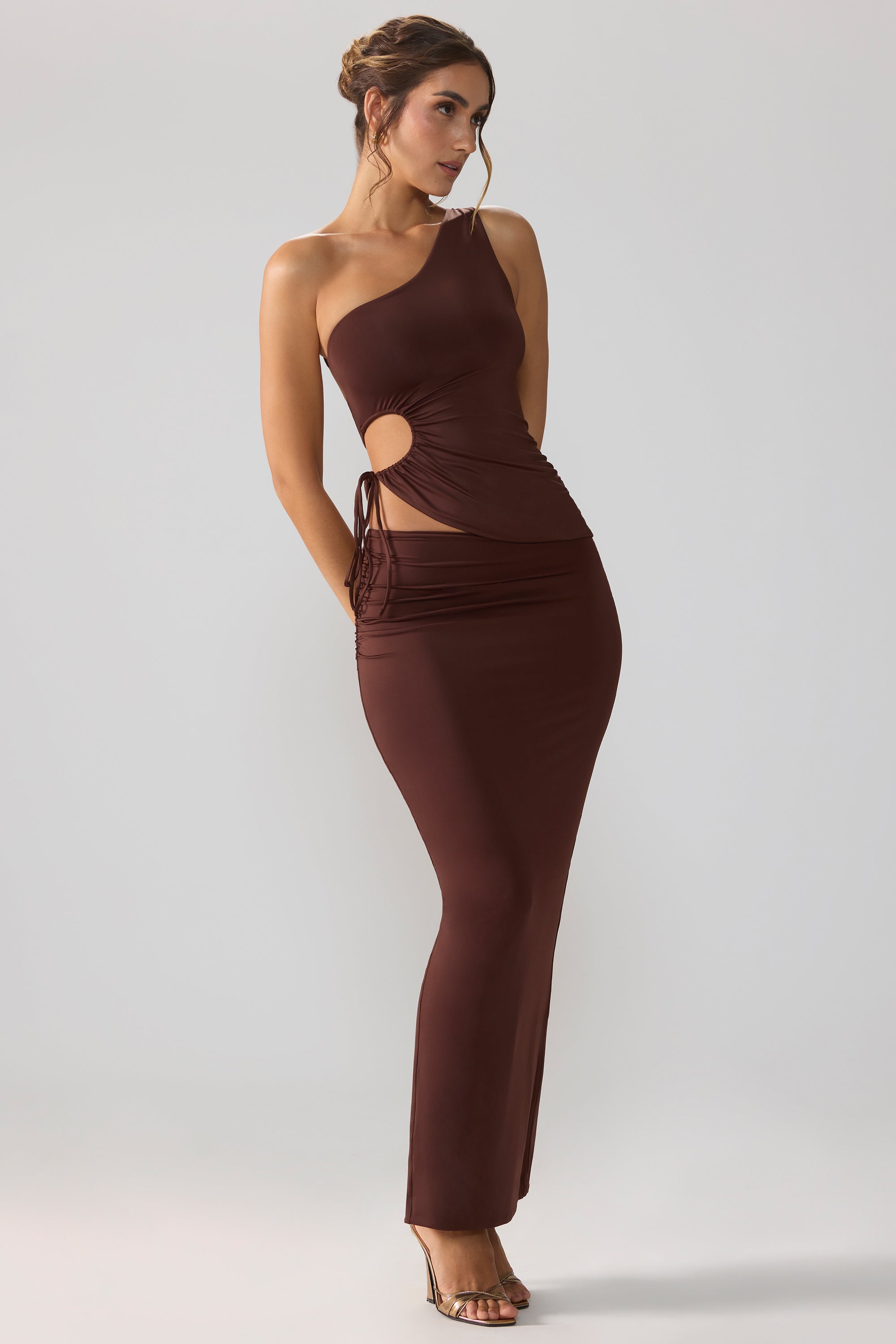 Slinky Jersey Asymmetric Waist Maxi Skirt in Espresso、mySite、solidvoid