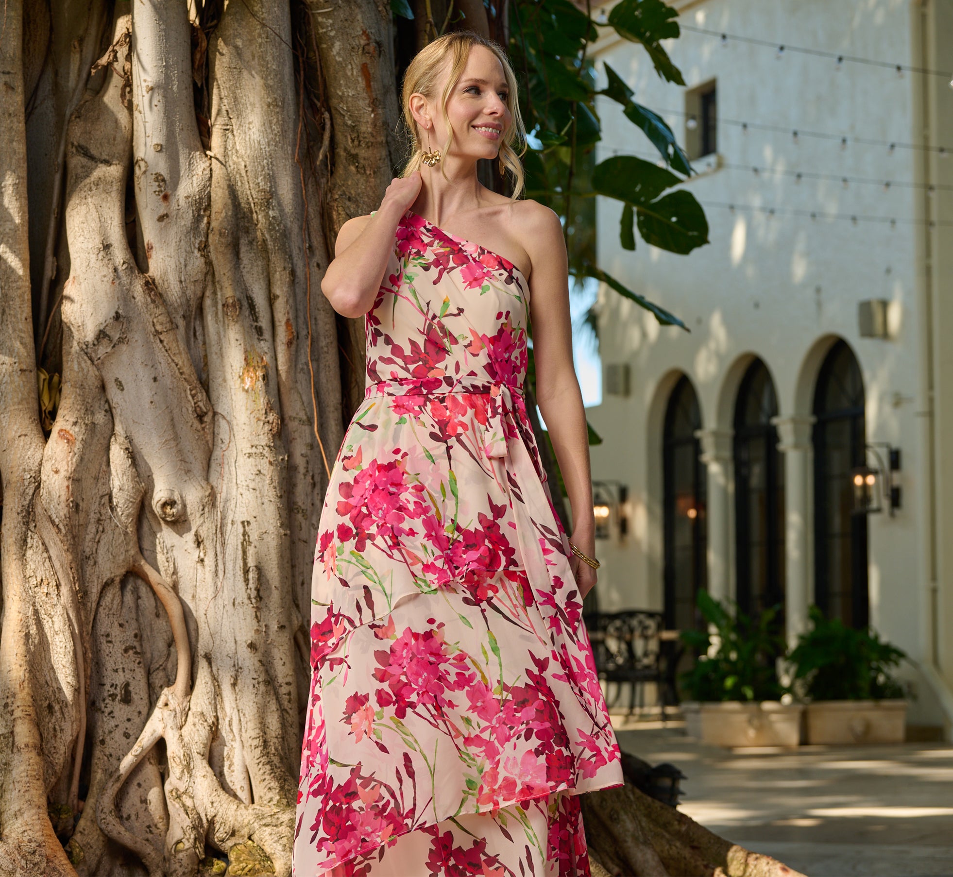 One Shoulder Floral Chiffon Tiered Gown In Alabaster Multi、mySite、solidvoid