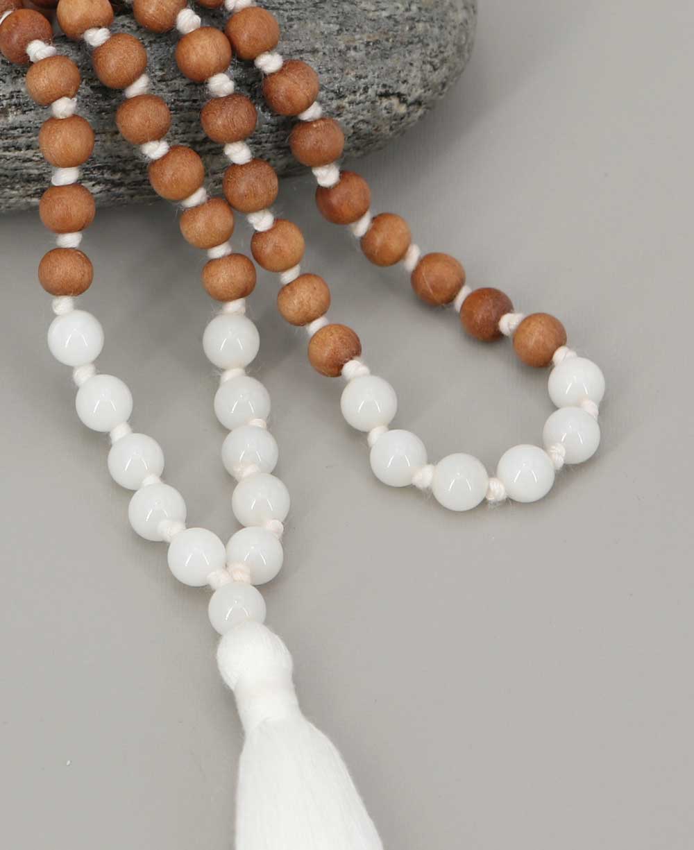 Sandalwood and White Moonstone 108 Beads Meditation Mala, Knotted、mySite、topwebapps