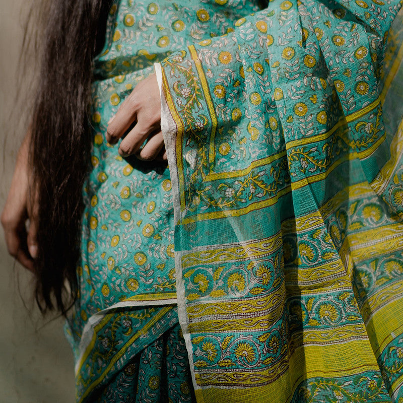 Festive Wear | Kota Doria Sanganeri Print Saree | Green、mySite、camillekostekn