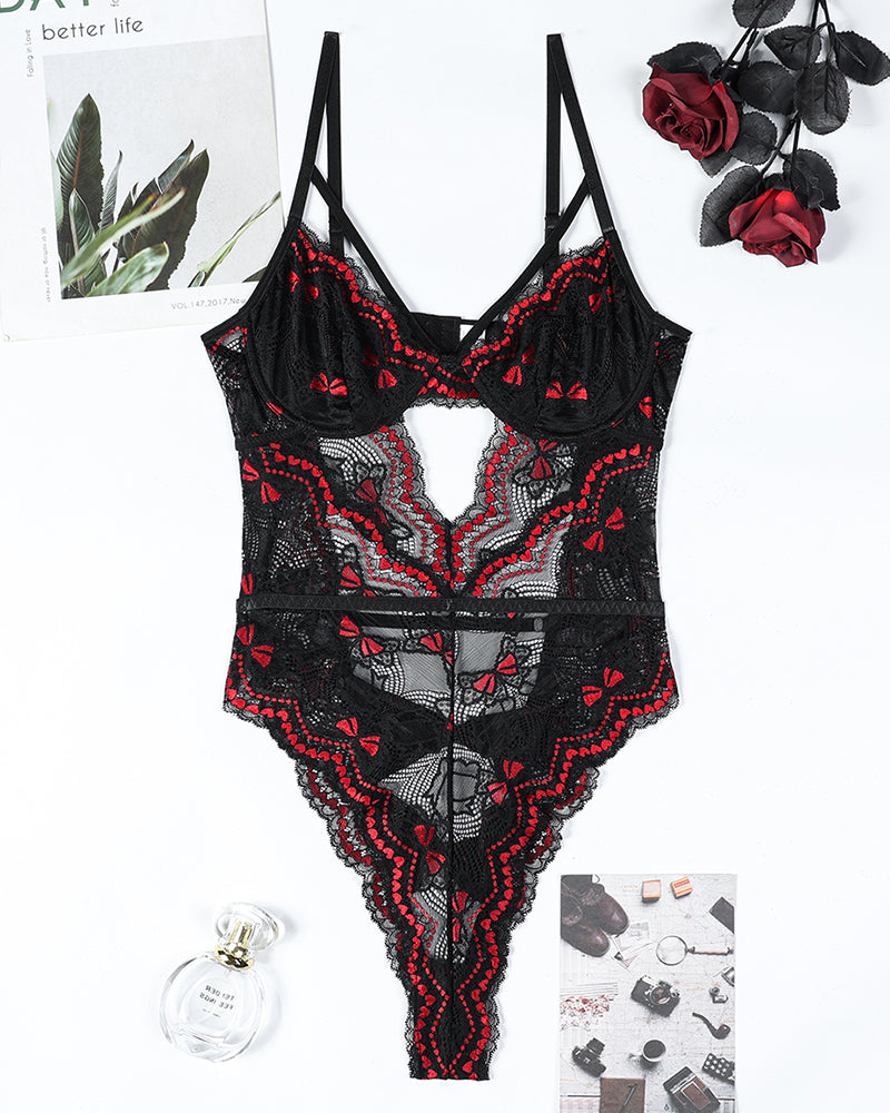 Embroidery Bow Cutout Lace Bodysuit、mySite、bengalsvssteelers