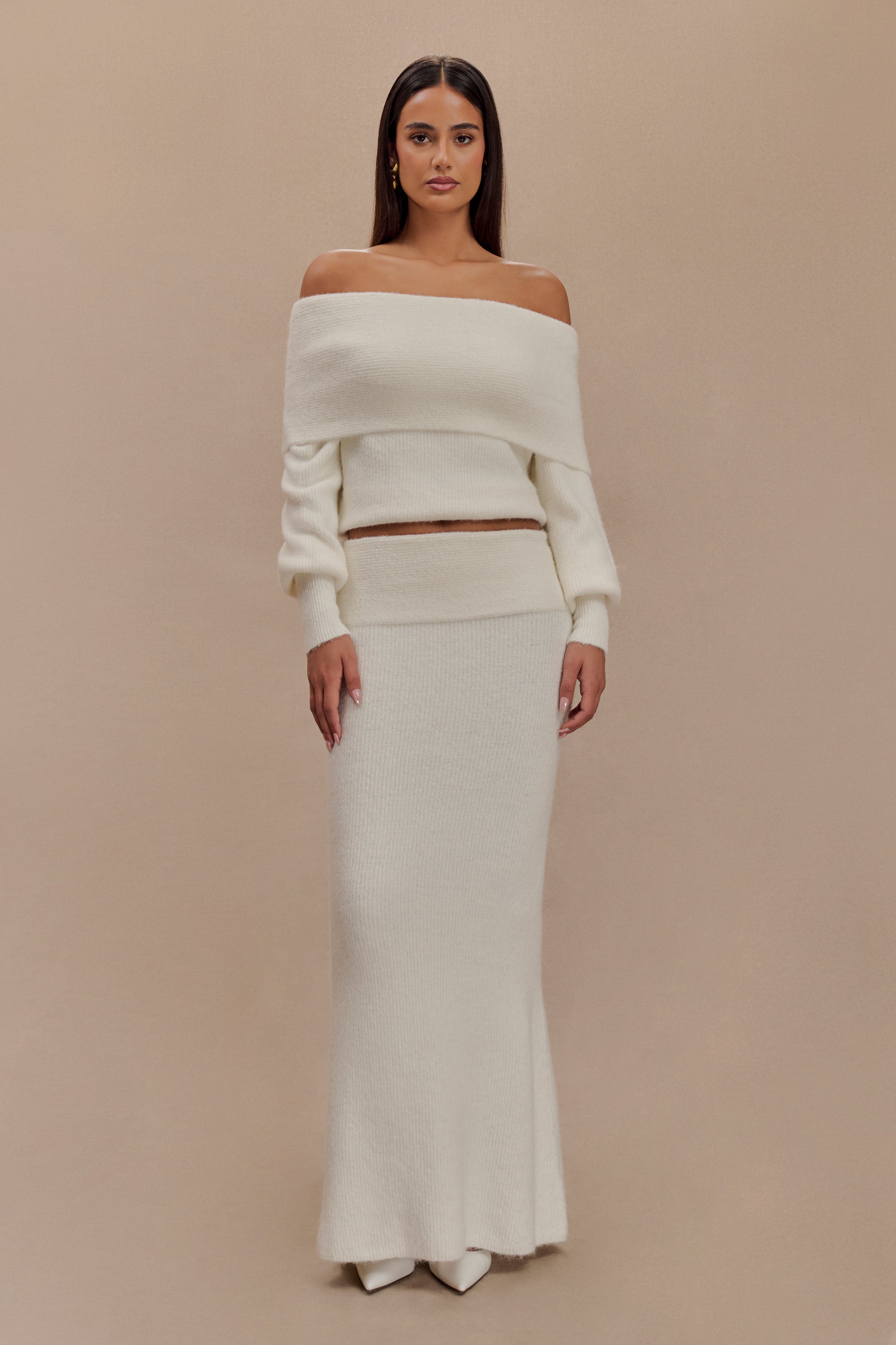 Charlotte Off Shoulder Knit Long Sleeve Top - Ivory、mySite、solidvoid