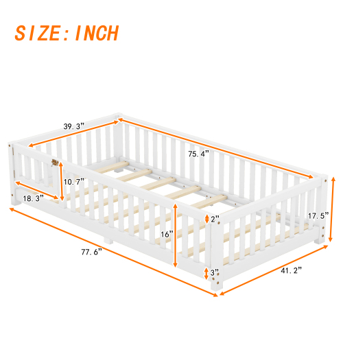 Twin Size Bed Floor Bed with Safety Guardrails and Door for Kids, Natural(Old SKU: W158090686)、、casual