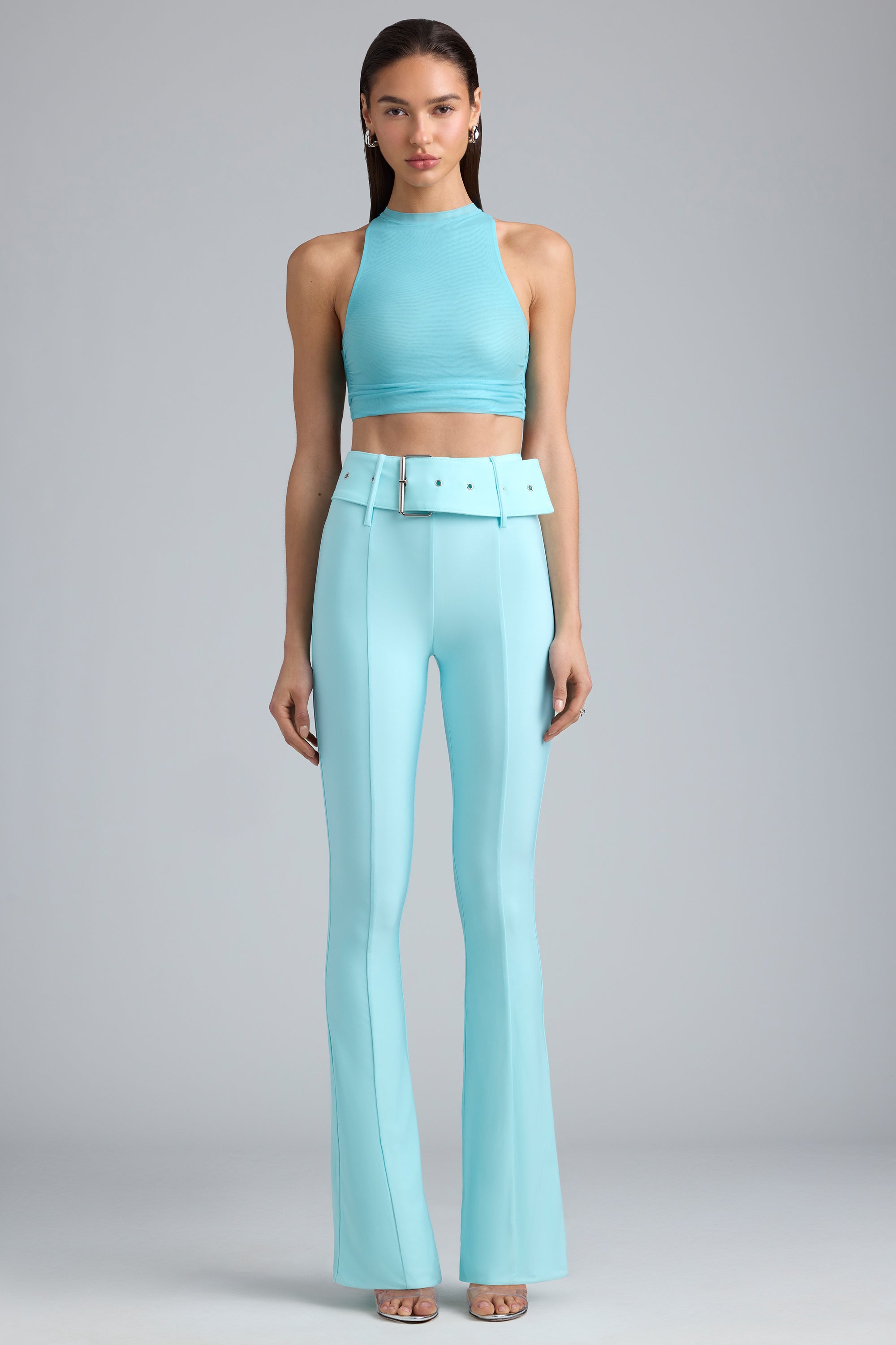 Metallic Belted Mid-Rise Flared Trousers in Ice Blue、mySite、solidvoid