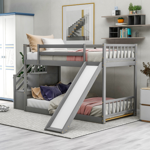 Twin over Twin Bunk Bed with Convertible Slide and Stairway, Gray、、casual