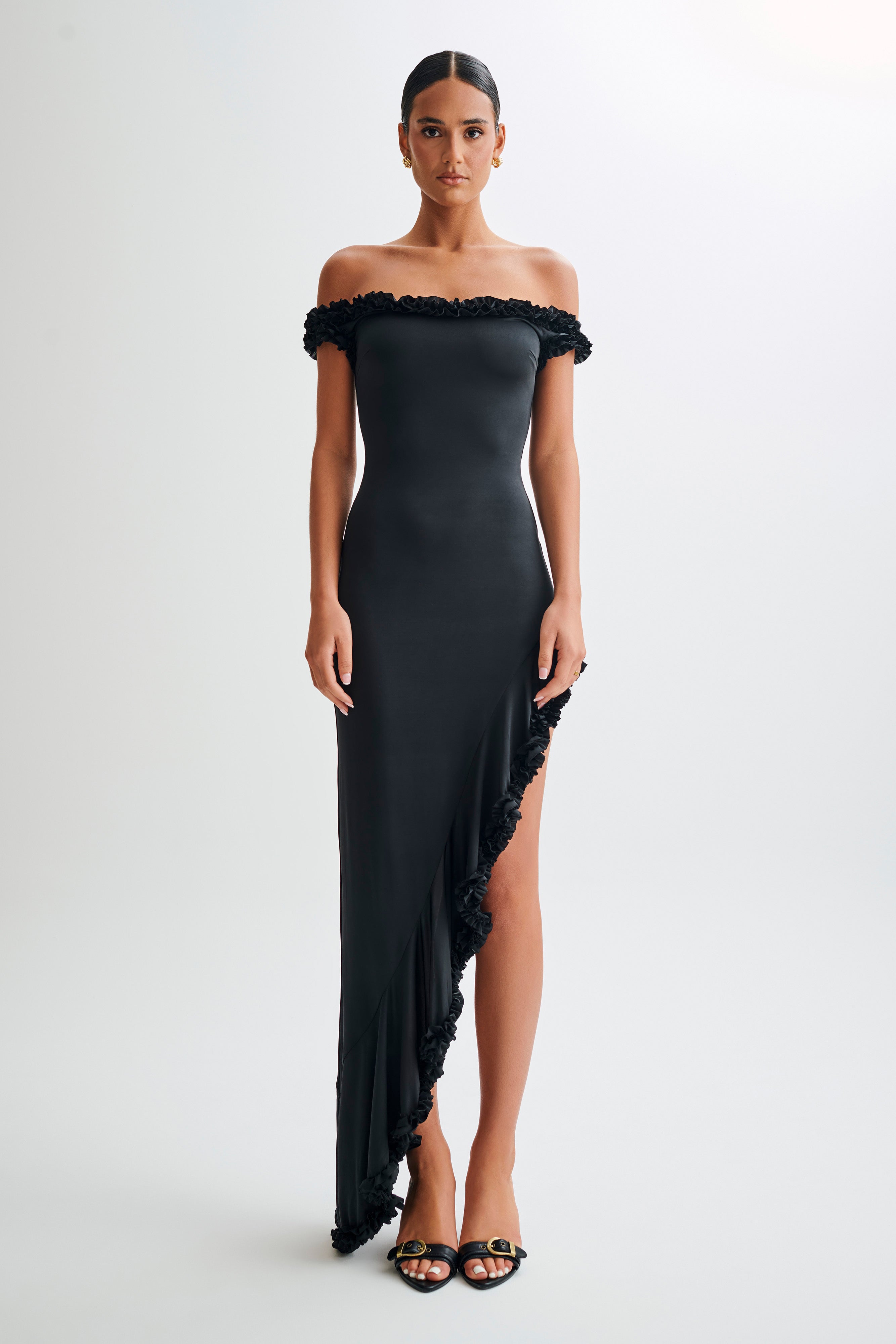 Arielle Off Shoulder Ruffle Midi Dress - Black、mySite、solidvoid