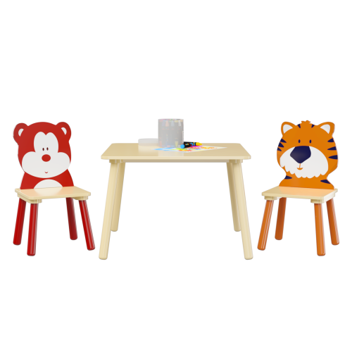 Kids Table and 2 Chairs Set, 3 Pieces Toddler Table and Chair Set, Wooden Activity Play Table Set (Lion&Monkey)、、casual