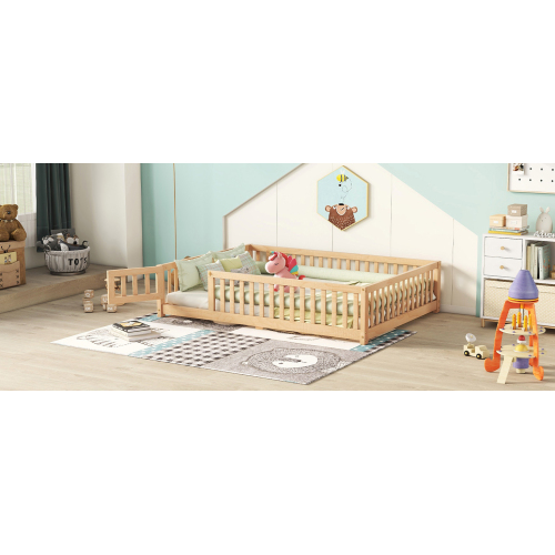 Twin Size Bed Floor Bed with Safety Guardrails and Door for Kids, Natural(Old SKU: W158090686)、、casual