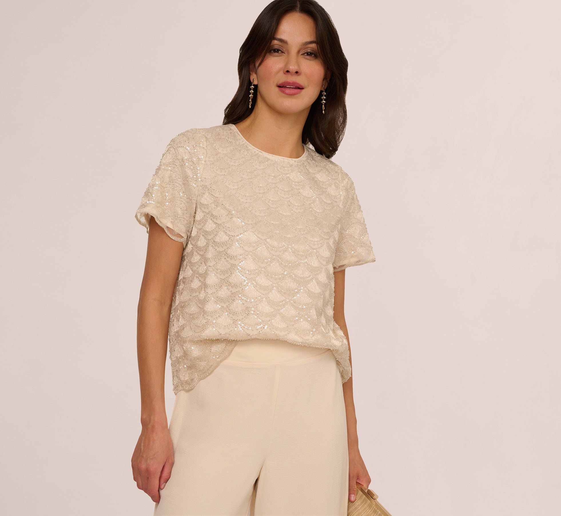 Short Sleeve Sequin Overlay Top In Pale Taupe、mySite、solidvoid