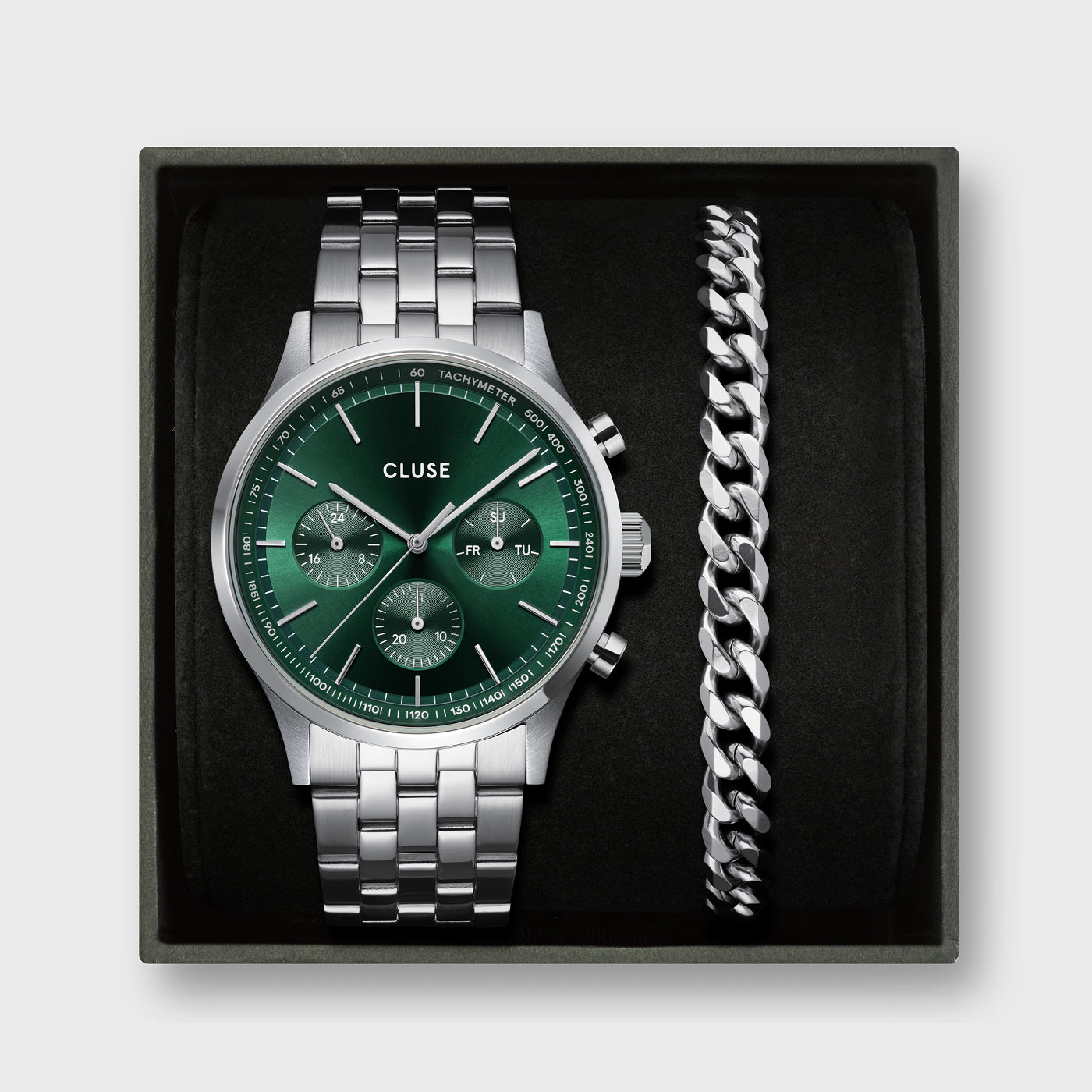 Gift Box Anthéor Multifunction Watch Steel, Green & Cuban Chain Bracelet, Silver Colour、mySite、botmansion