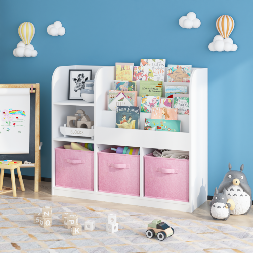 Kids Bookcase and Bookshelf, Multifunctional Bookcase with 3 Collapsible Fabric Drawers, Bookcase Display Stand, Toy Storage Organizer for Bedroom, Playroom, Hallway (White/Pink)、、casual